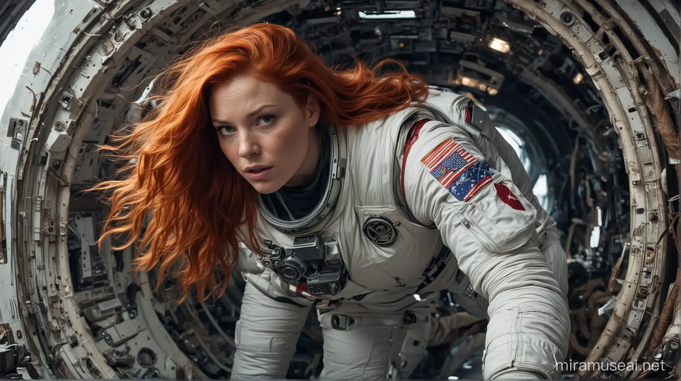 a voluptuous female astronaut with large breasts and flowing red hair floats inside an old and broken down looking spaceship as she struggles to take off her spacesuit.