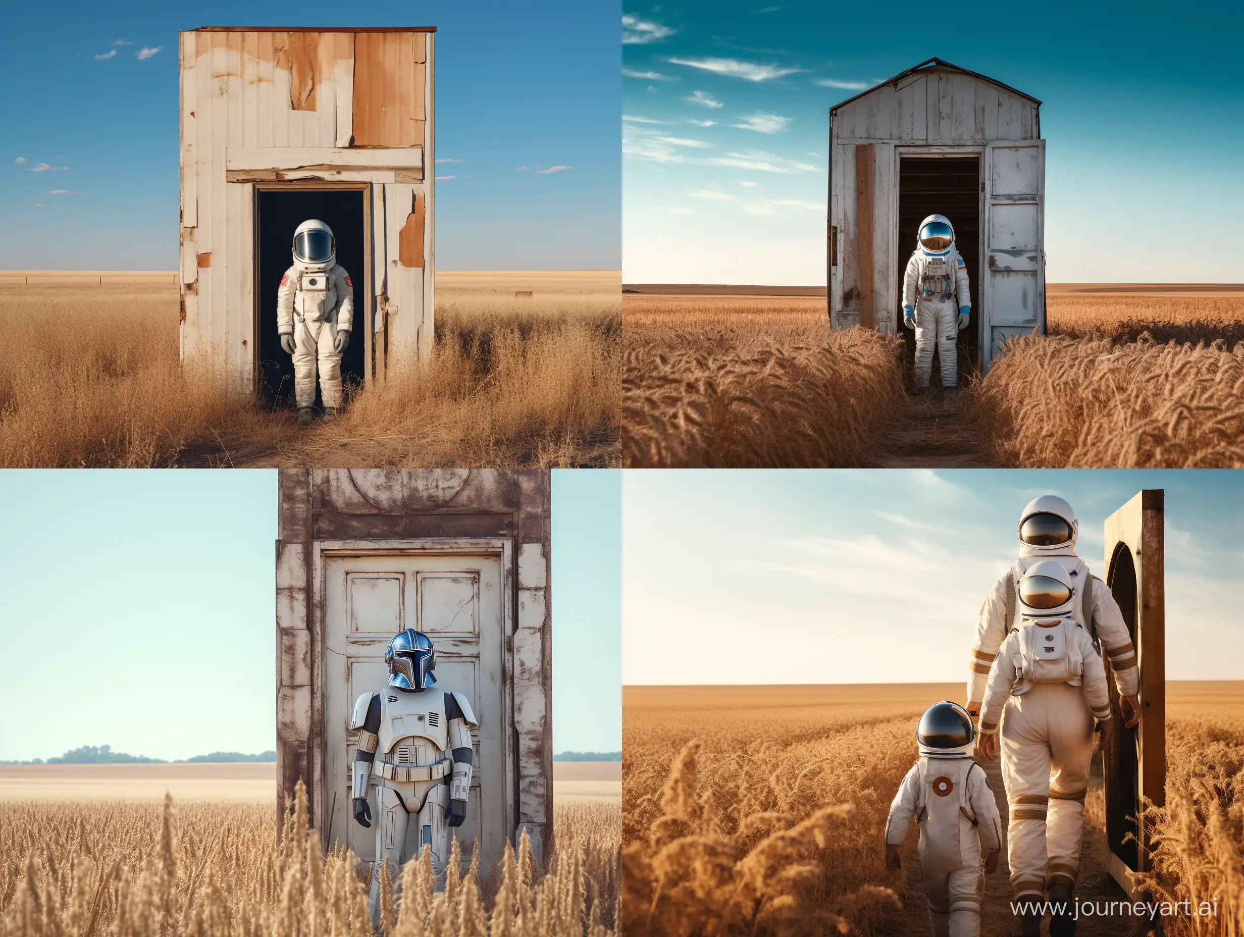 Photo realism.  8k wallpaper. time of day evening.  time of year - autumn.  The location is a wheat field on an unknown planet.  an adult guy with half-turned dark hair.  Standing in front of a beautiful tall closed wooden door.  dressed in a light blue and white astronaut suit.  The costume has marks and scuffs.  The helmet is off and he is holding it in his hand.  the astronaut looks with surprise and anticipation.  in the background there is a blue and red sun and stars.  Attention to detail.