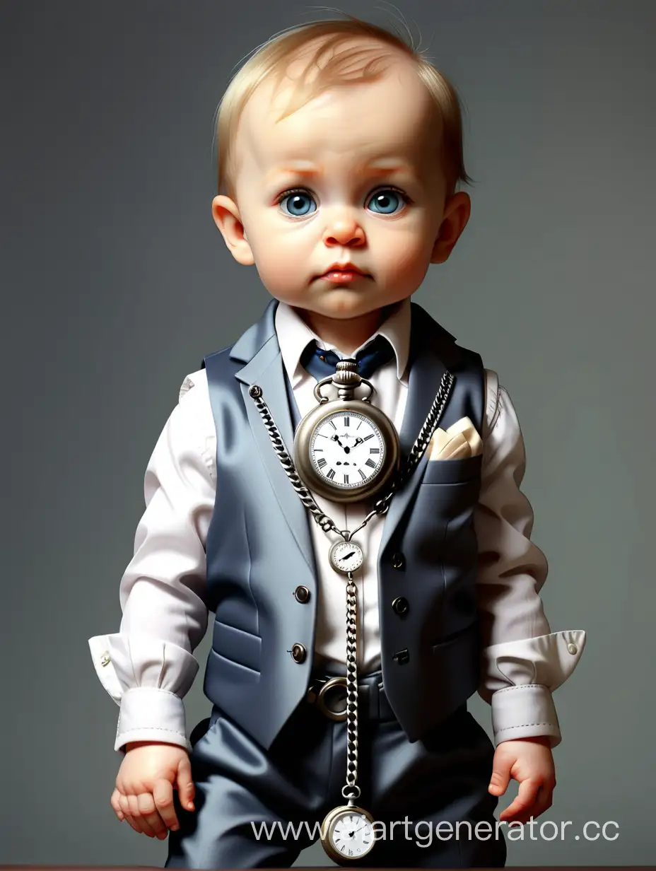 Младенец в костюме в безрукавке и с карманными часами на цепочке в руке