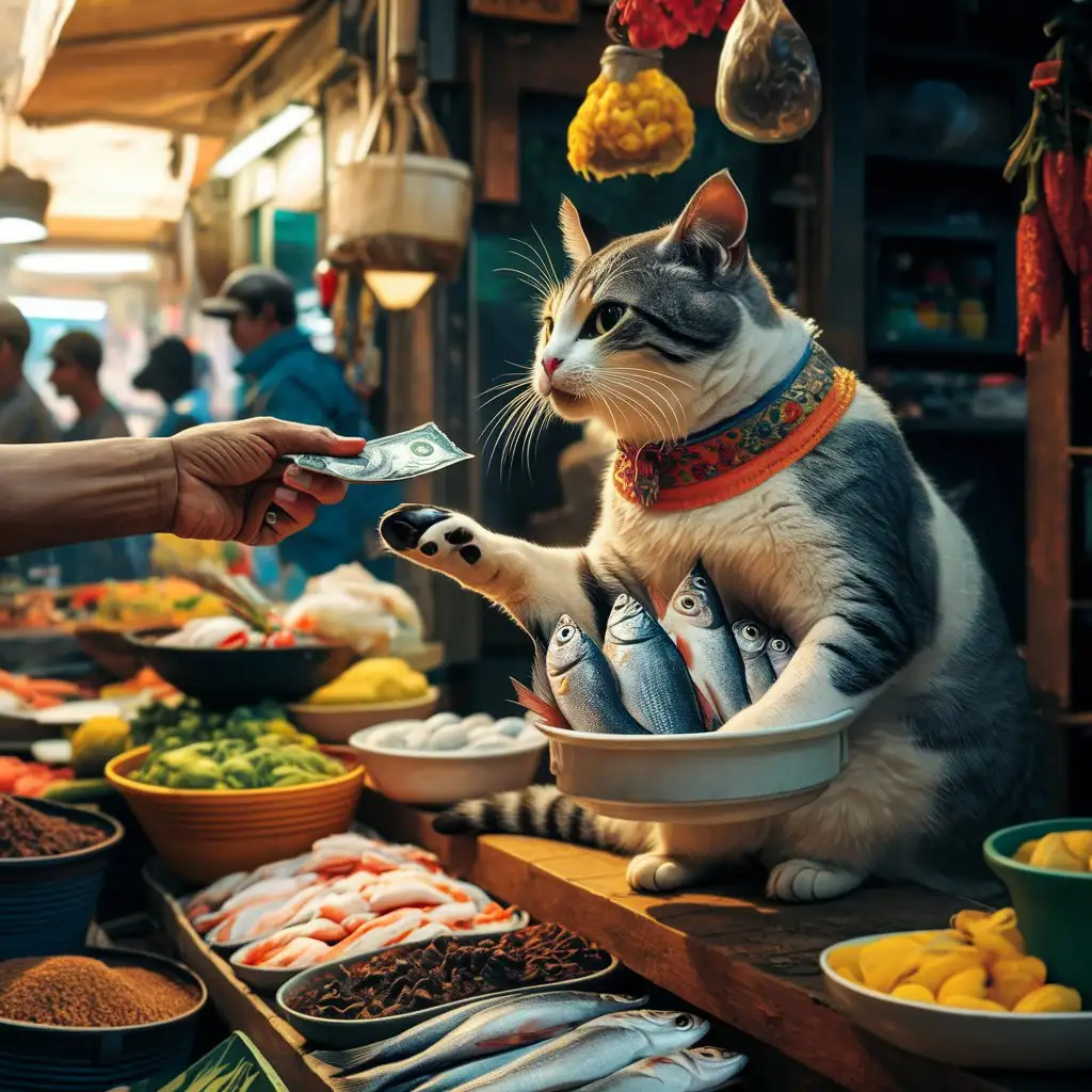 image of a hand offering money to a fishmonger cat, holding fish, 8k, ultra detailed, at the market, -[--no, Web13RAUL10" :1.5] No [ ]
