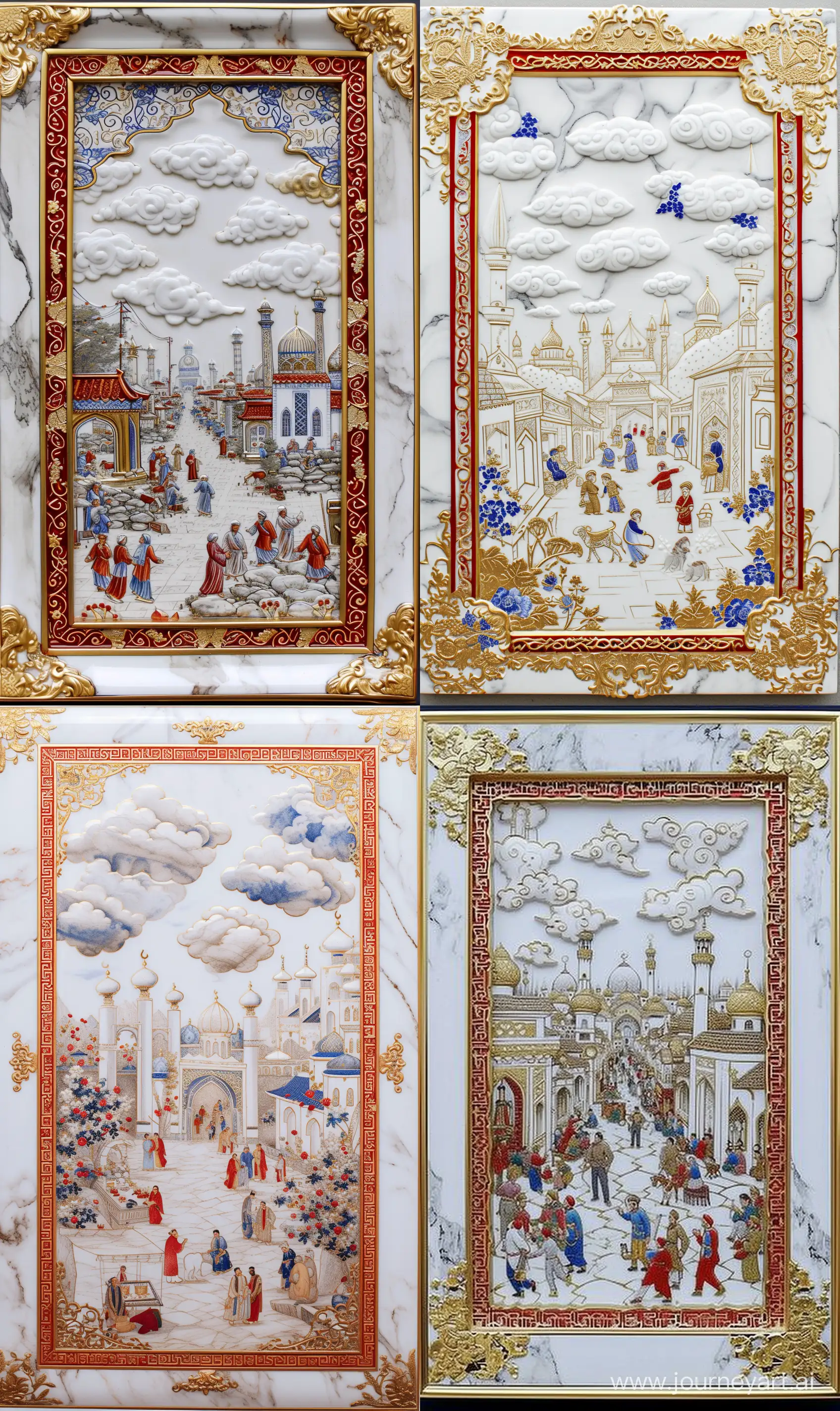 white marbled iznik porcelain frame: depicting a scene from a Persian miniature painting with Chinese clouds and mosques and people and street, gold outlines, red white blue persian and islamic arabesque floral motifs embossed around shiny golden border; front view --ar 3:5 --v 6