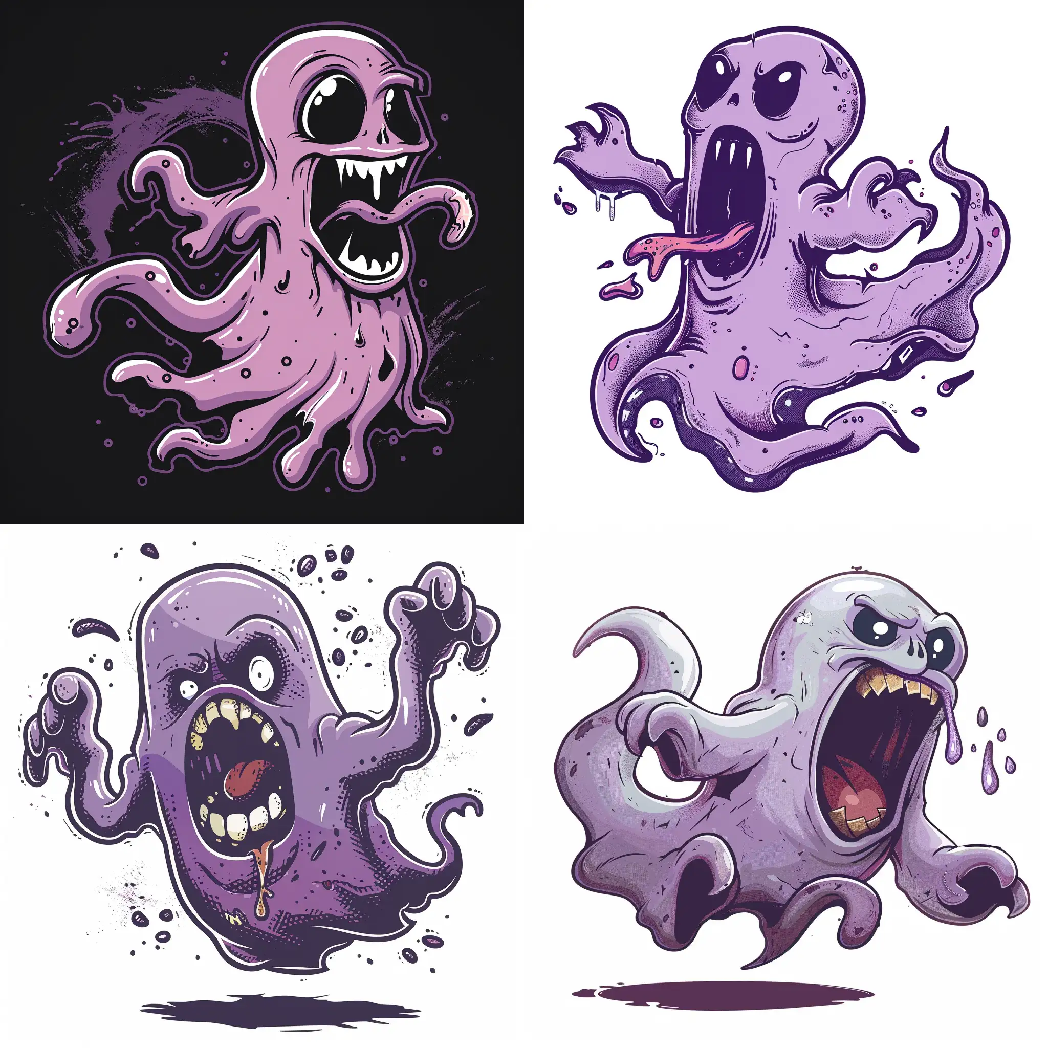 A scary purple ghost jumping around with drooling saliva due to hunger