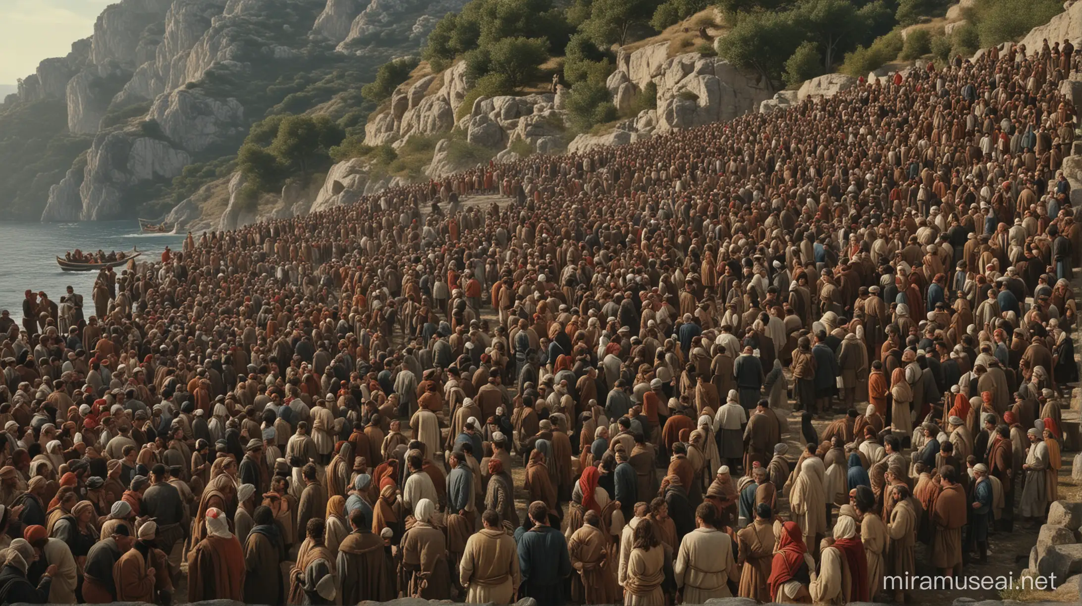 crowd of people, every age men and women, the clothing are greek farmers and fishermen, 18th century, greek mountain, 18th century, Greece, The crowd of people are hearing to Saint Cosmas, front, historical hyperrealistic cinematography