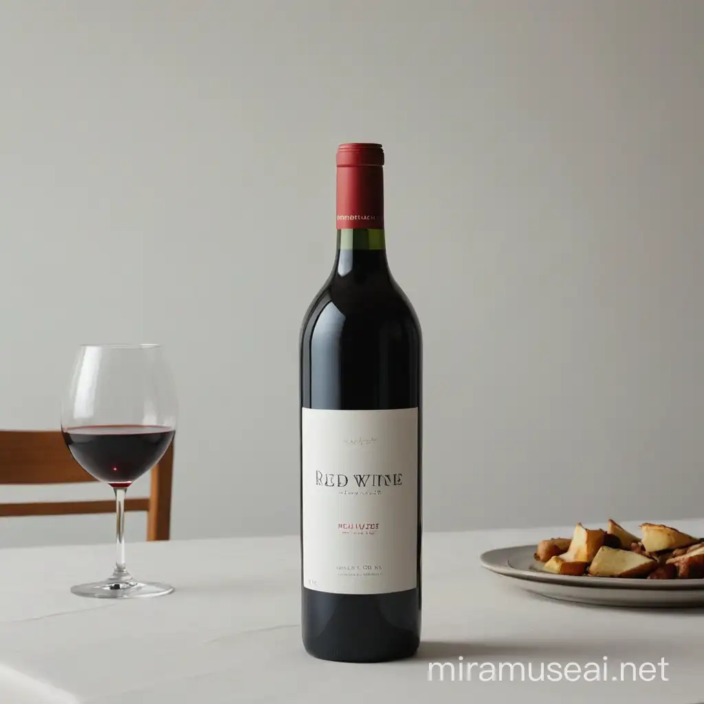 A bottle of red wine on the dining table, minimalist, perfect light.