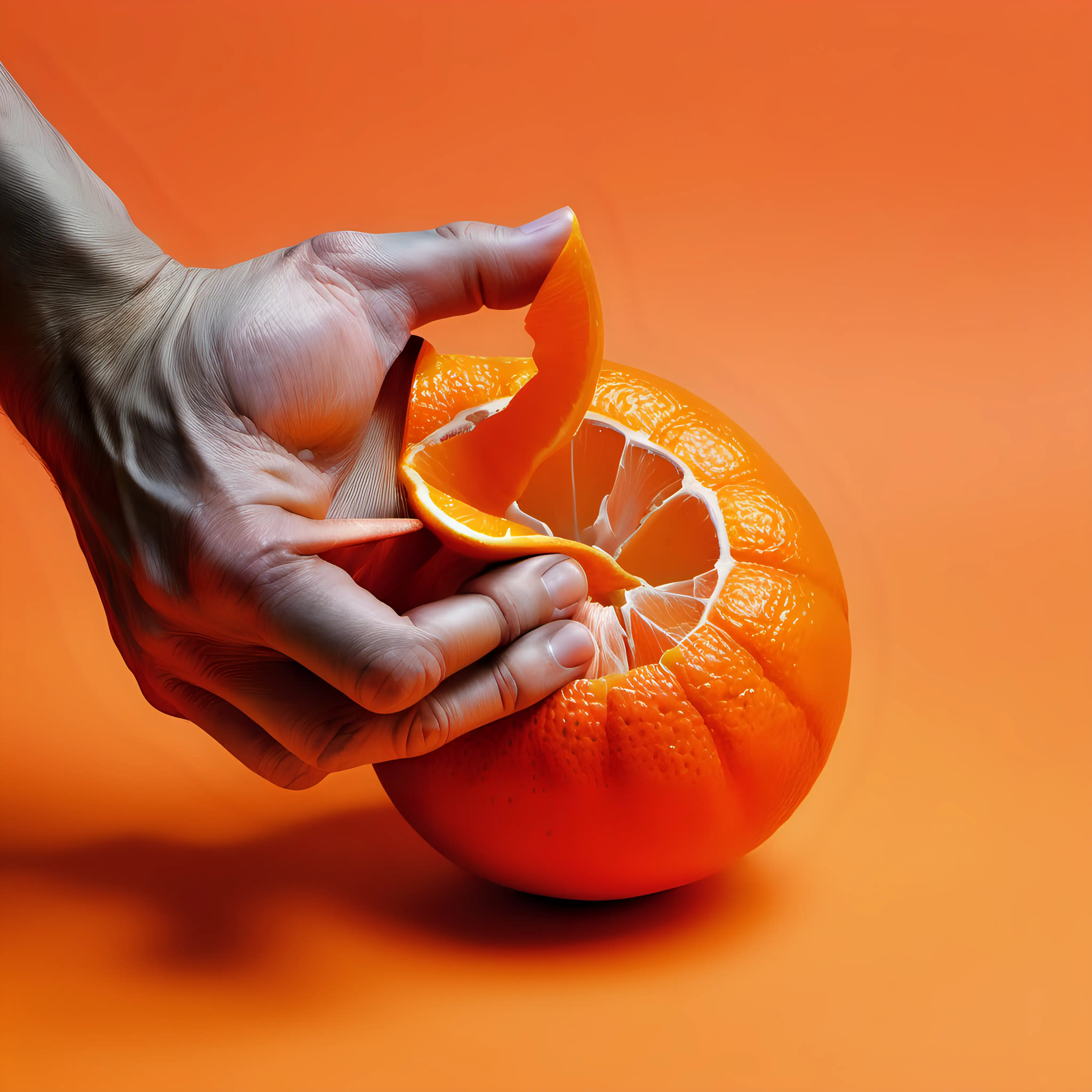 A hand Pealing off a colorful and bright Orange.