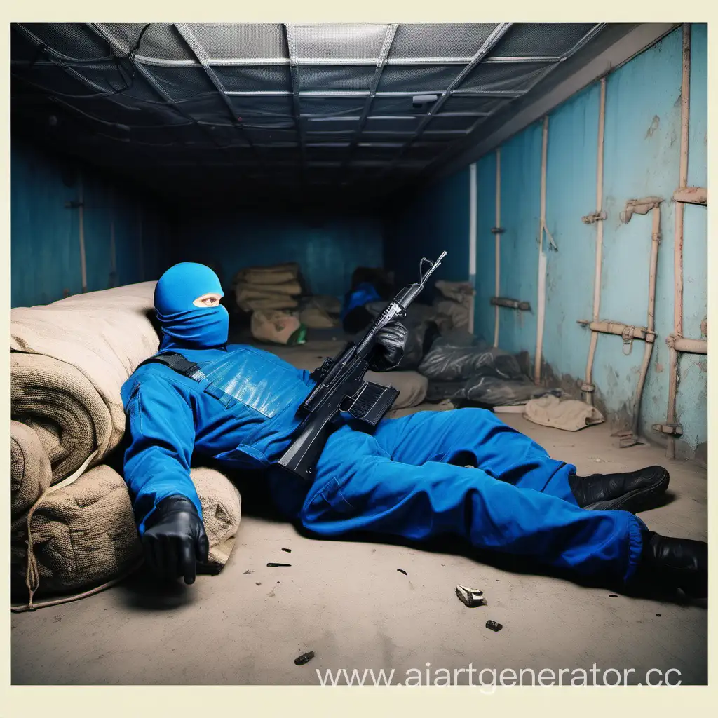 A mercenary in the Exclusion Zone in a blue jumpsuit and balaclava sleeps in the basement