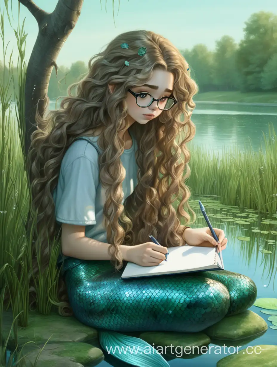 Девушка тритон с очками и длинными волосами. Волосы кудрявые, в них запутались водоросли. Держит в руках блокнот, сидит опираясь о дерево. Рядом пруд и высокая трава.