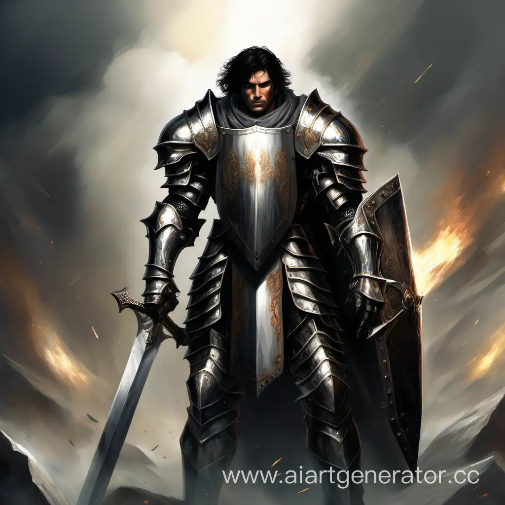 святой рыцарь в тяжёлой броне, с большим щитом, волосы чёрные, не бритый, взгляд злой, глаза горят белым