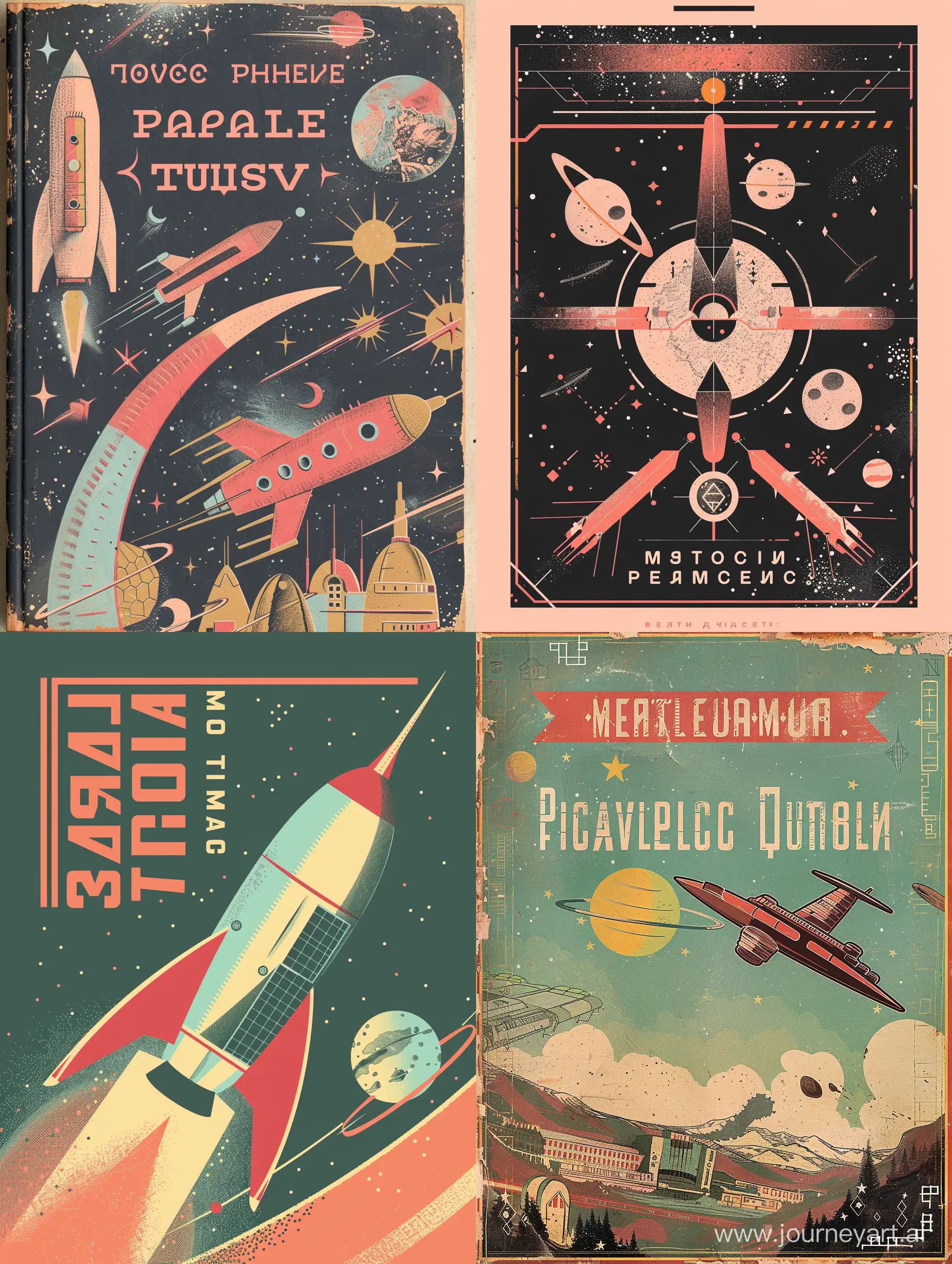 The cover of a book on intergalactic travel. Pastel colors . Soviet Union style. Sovietpunk. Retrofuturism.