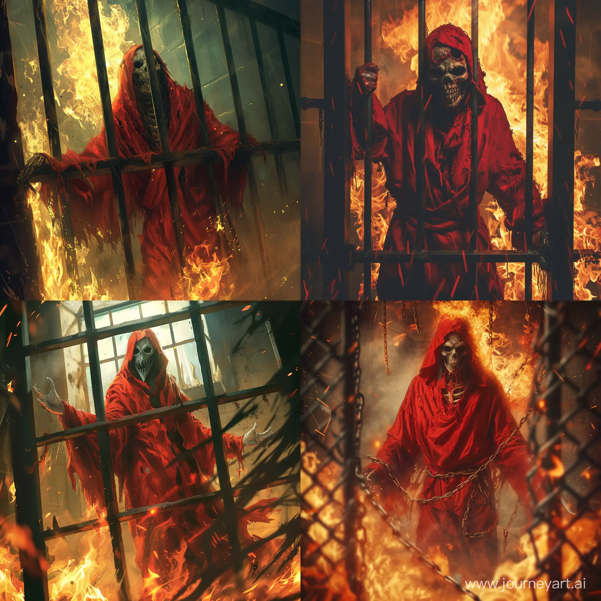 Grim reaper zombie with read robe locked up in a cell that’s on fire with a badass plague mask