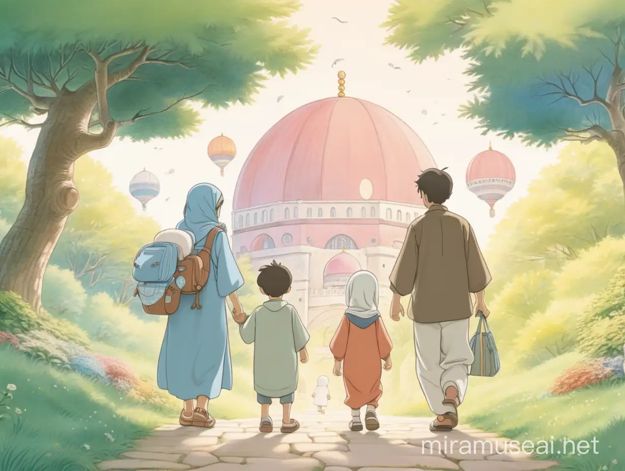 illustrate in simple anime Ghibli cartoon style, wide shot, colorful soft and dreamy depictions, simplified shapes, Muslim parent with 1 oldest boy 1 girl and 1 baby boy