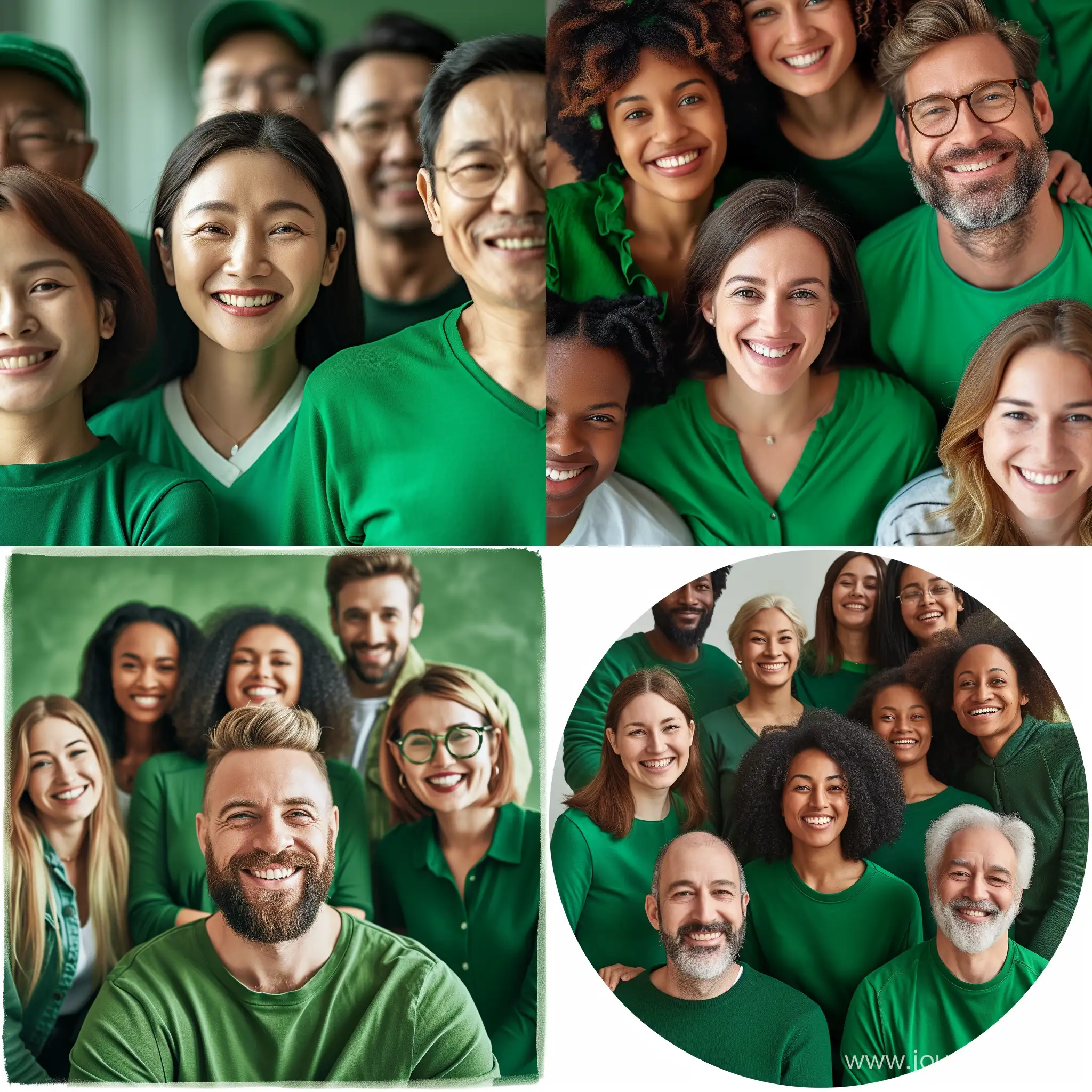 a smiling group of people in green