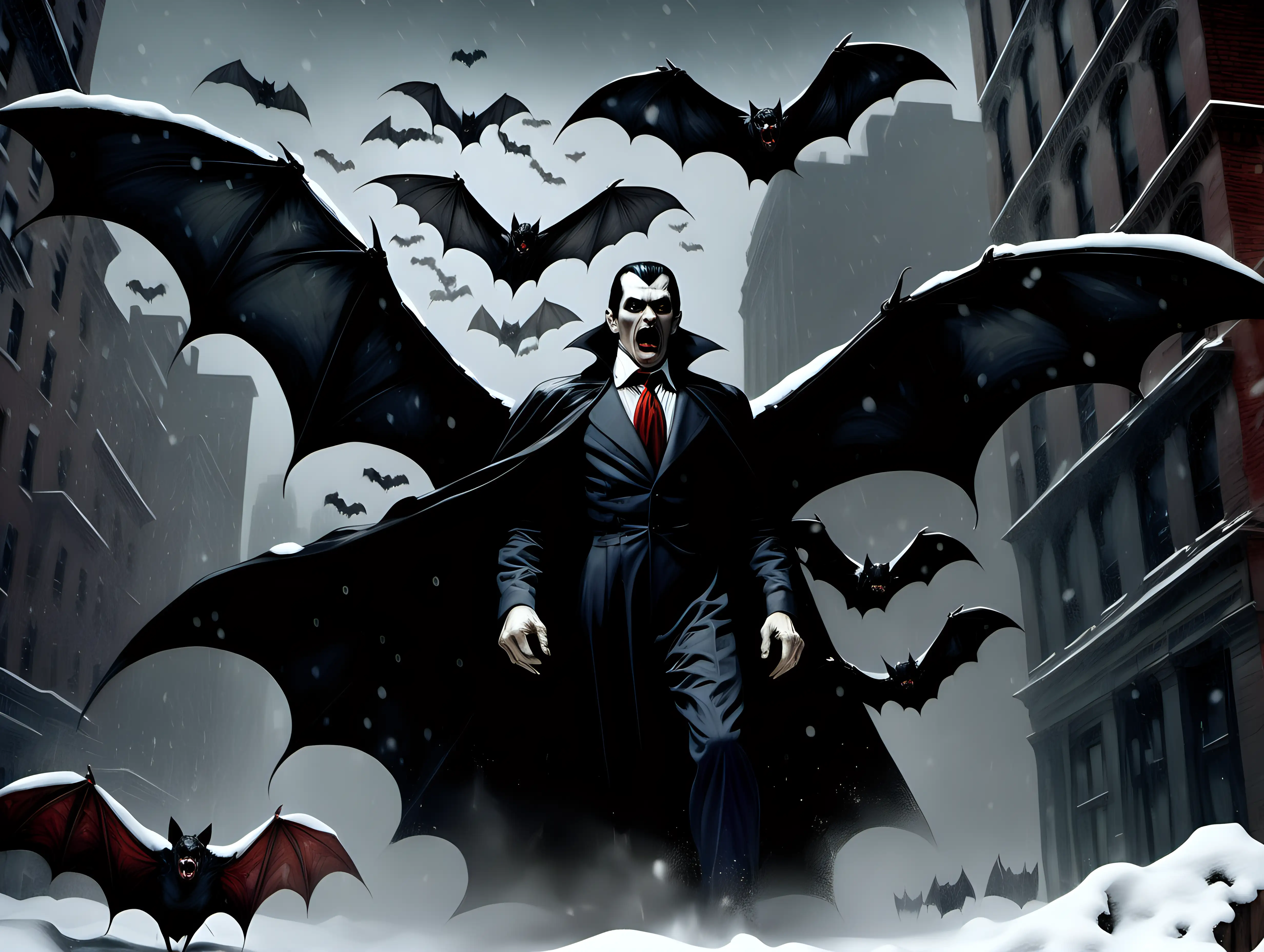Dracula and Vampire bats swarming NYC in a snow blizzard in style of realism by frank frazetta and annie leibovitz, emotive and moody and muted, dark background