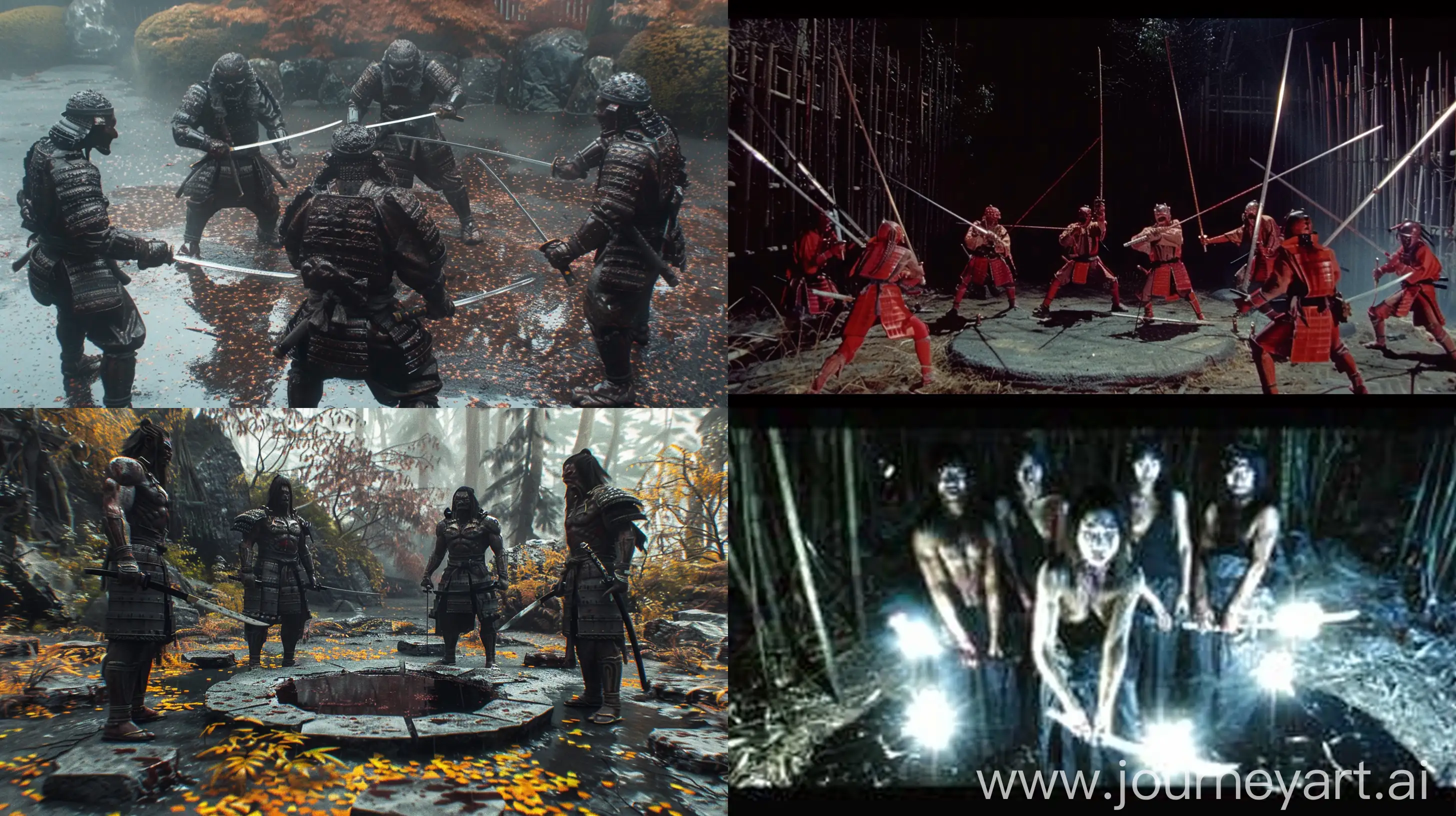 5 humanoid as  strong Japanese Warriors with sowrd in attack pose standing  in circle,  Japanese  bloody horror film  UHD 8K , 1980s --ar 16:9 --s 900 --w 500 --v 6.0 
