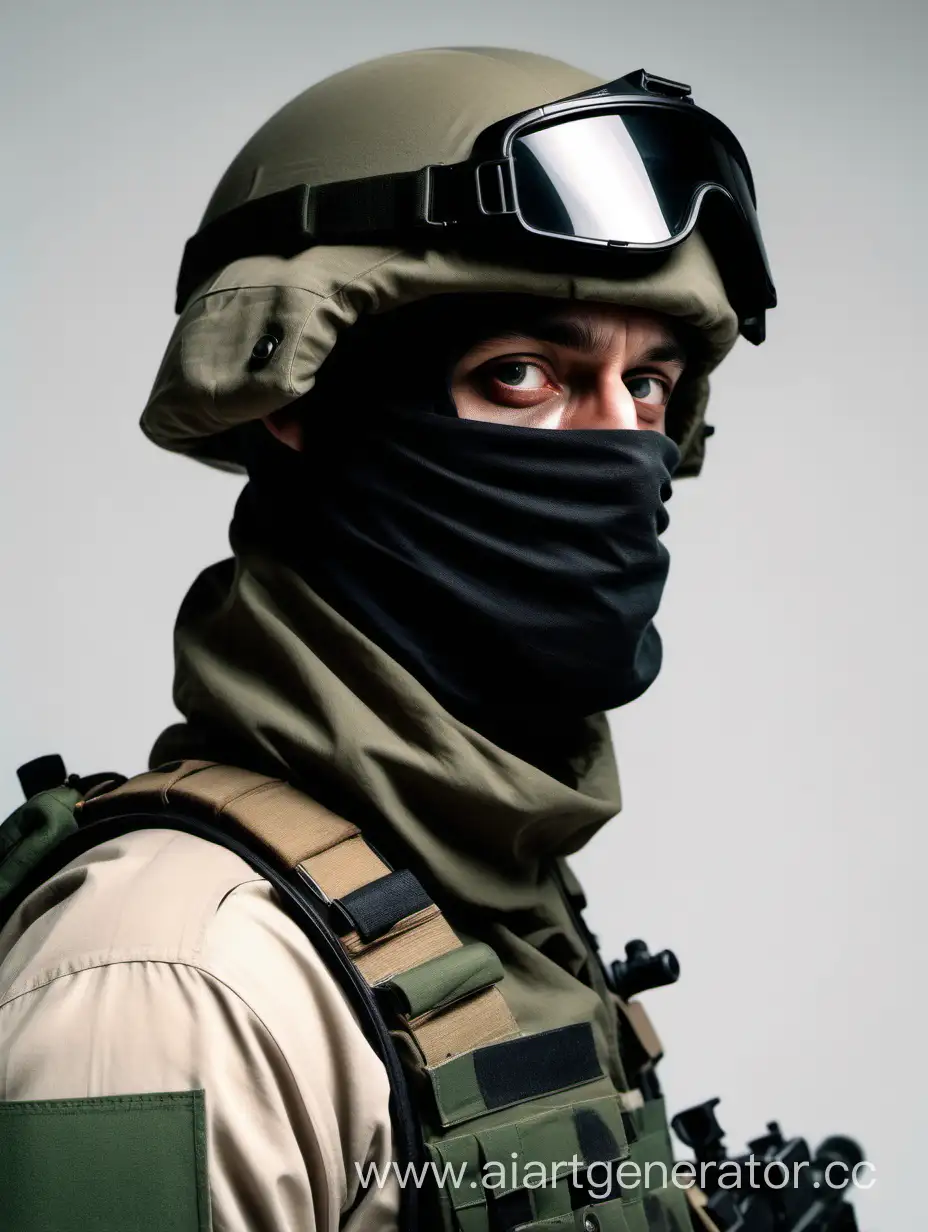 реалистичная фотография человека в военной форме с закрытым лицомв шлеме без оружия на светлом фоне 