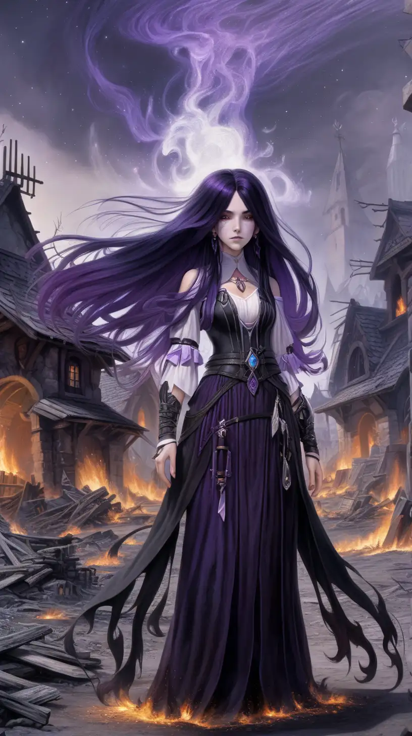Celestial witch, with long black and purple hair, standing in the middle of a burned village, surrounded by white aberrations of spirits, 