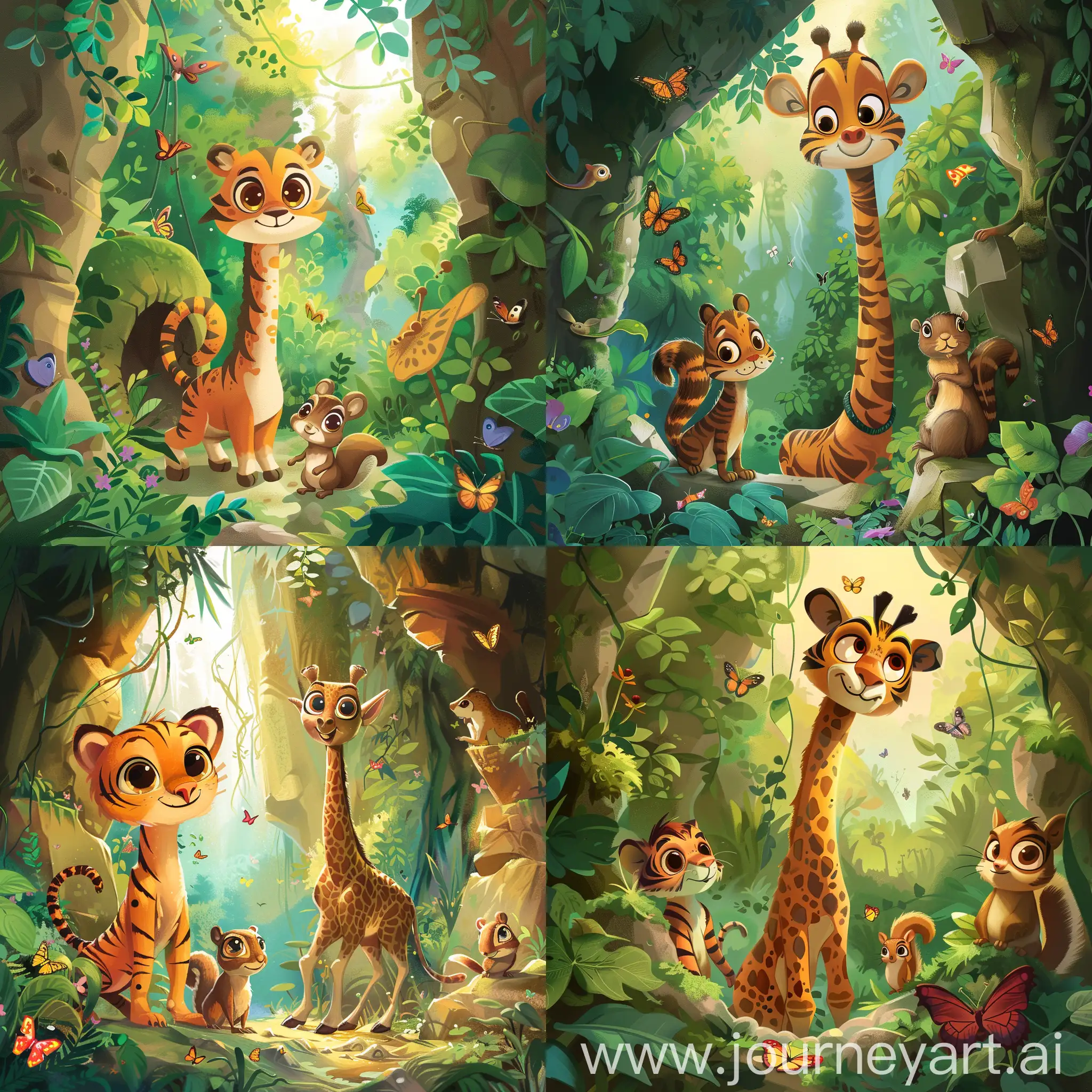 Adventurous-Tiger-Cub-Giraffe-and-Squirrel-Exploring-a-Lush-Forest