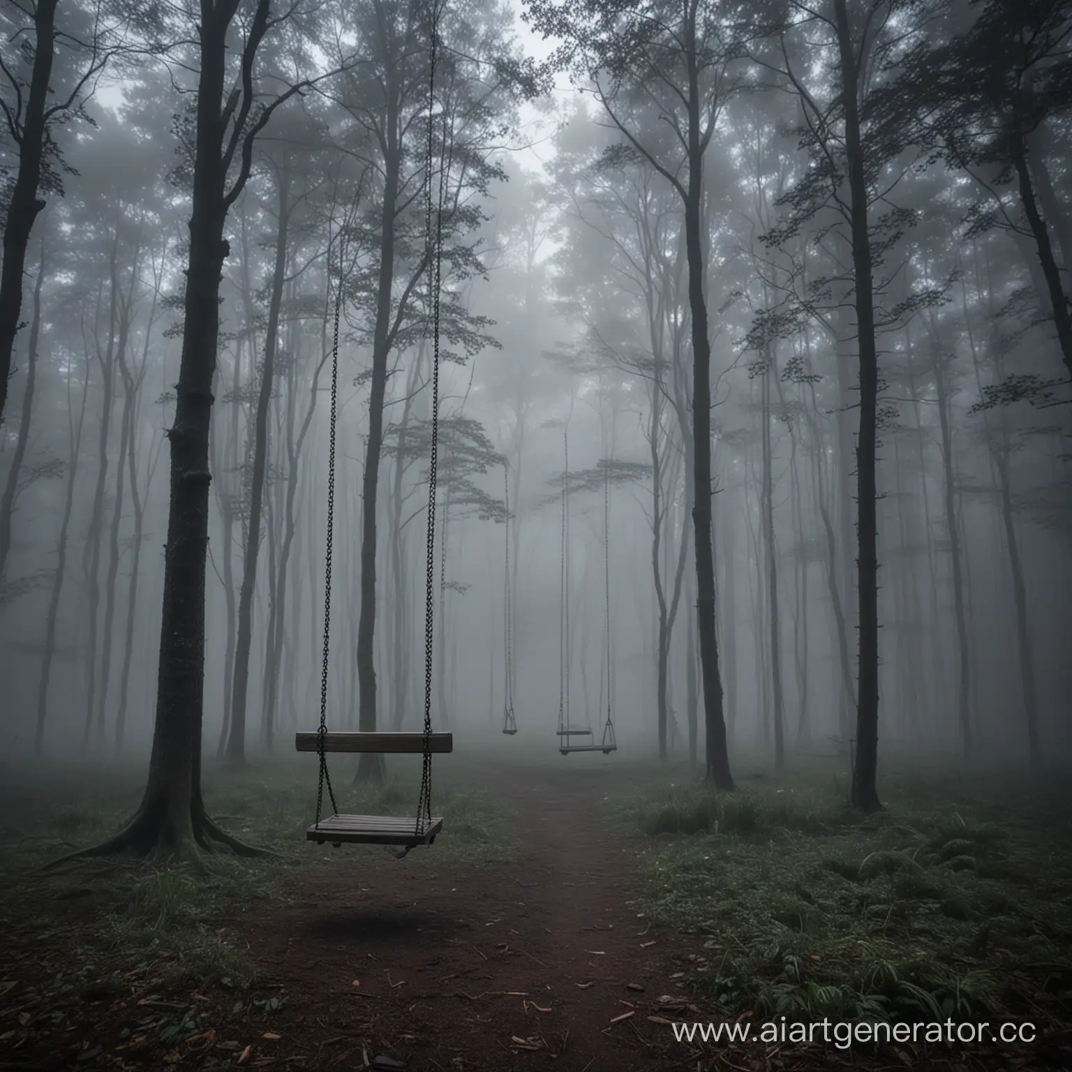 Одинокие качели в тёмном лесу, в лесу туман