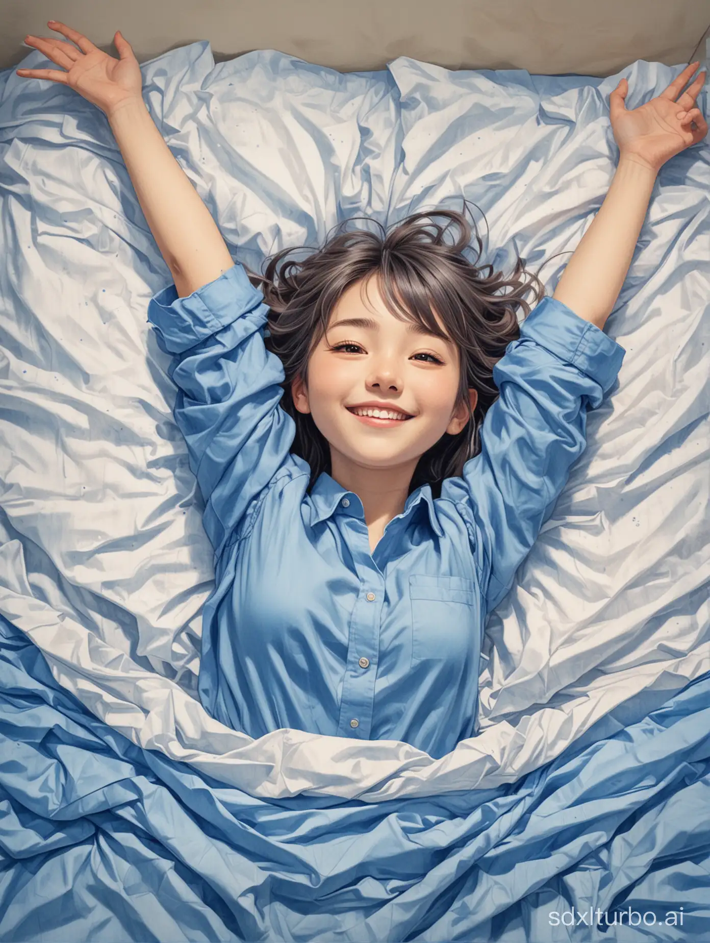 Joyful-Girl-in-Blue-Shirt-on-Artistic-Blue-and-White-Bed