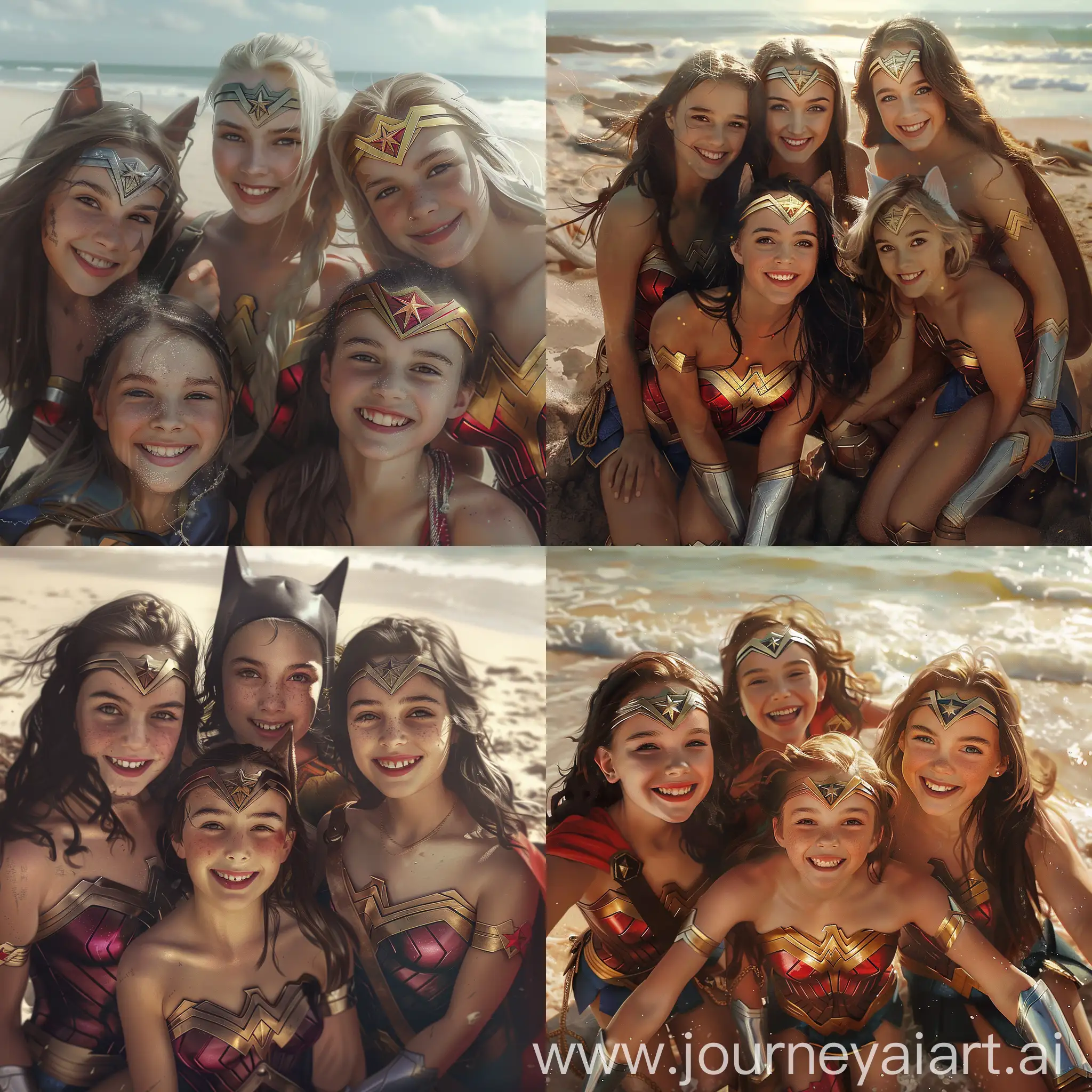 4 girls, wonder woman and cat woman and super girl and harley queen all four girls are in beach ,  smiling and looking in the camera for the photoshoot, soft light, hyper realistic