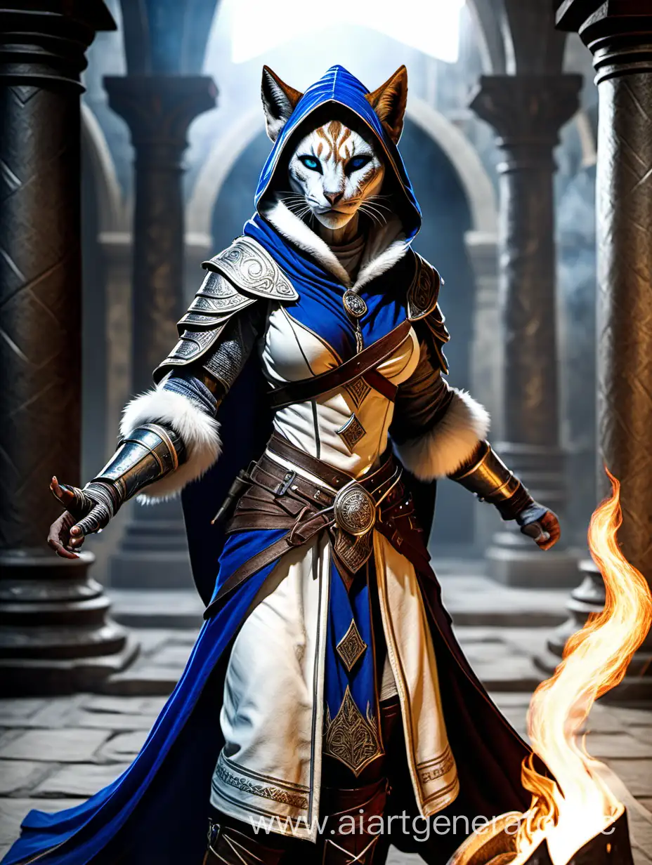 A photorealistic female Khajiit mage from Elder Scrolls series, with white and light brown fur, blue and white robe, leather armour, wears a hood, with rings on the ears, performing fire magic, background is a medieval hall with columns