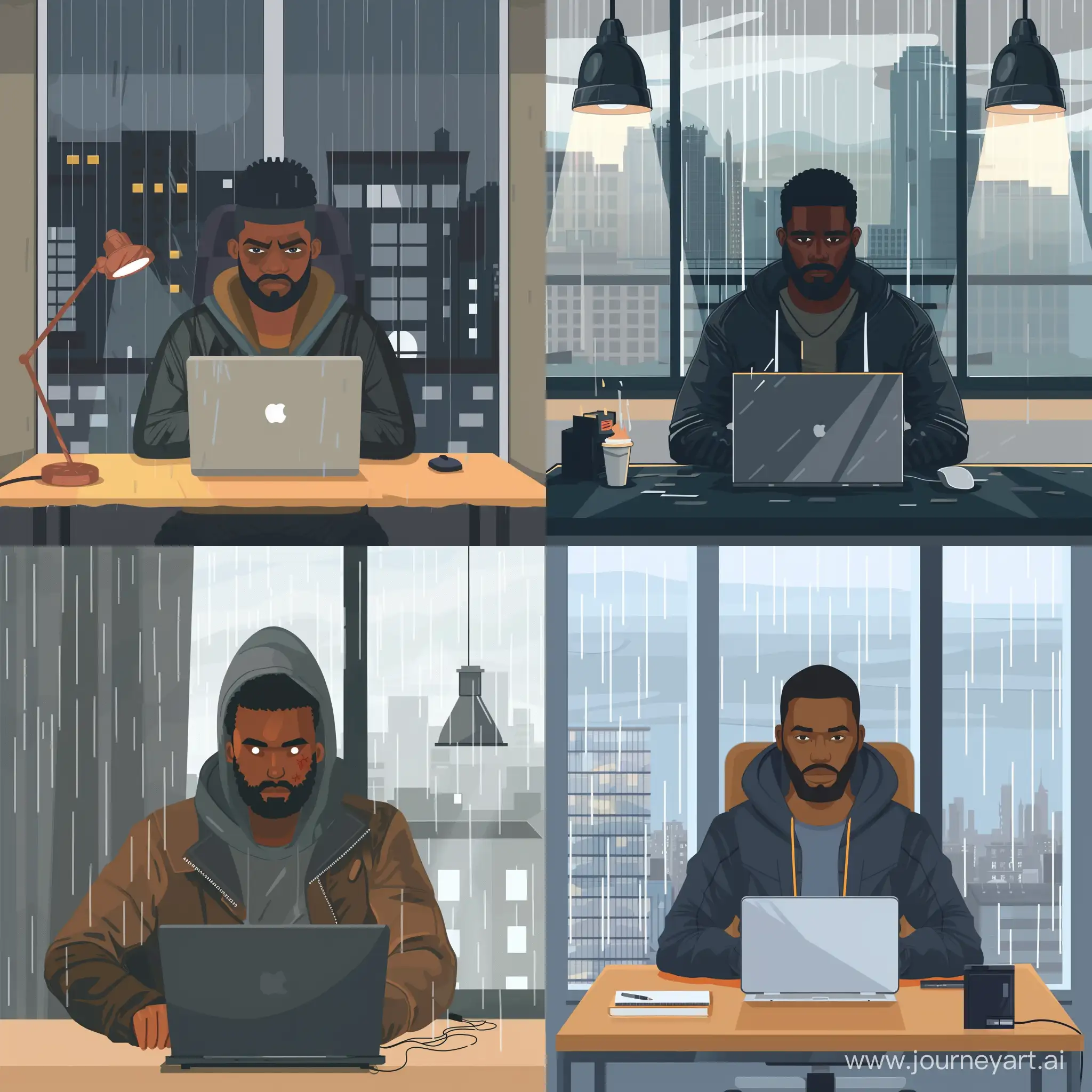 african american hacker ninja, sitting at work desk hacking a computer. front view with laptop in front of him in his apartment. rainy city can be seen through window behind him --v 6 --ar 1:1 --no 80735