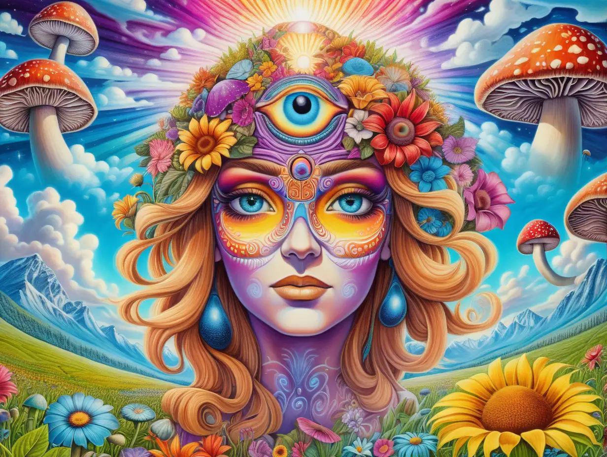 Psychedelic colors and patterns, a field of flowers & magic mushrooms, sun, clouds, bright, vibrant colors with an exotic woman with the all seeing third eye up front 