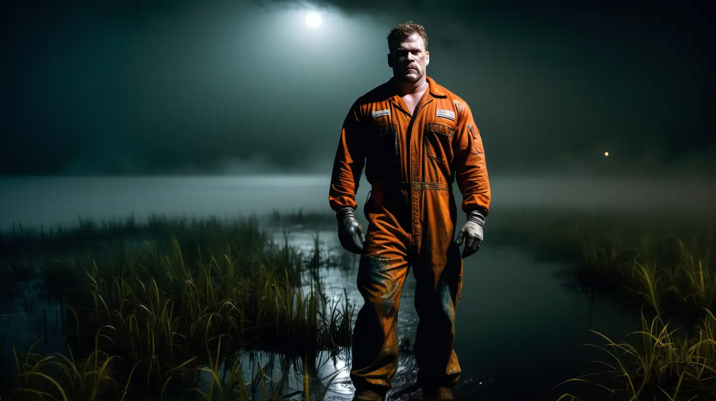 a large muscled white man in an oil-stained mechanic's jumpsuit in the swamp at night with dense fog