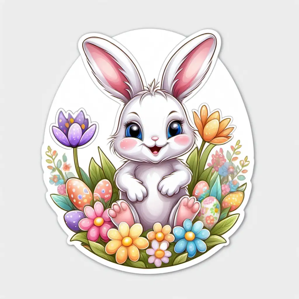 Whimsical Easter Baby Bunny Sticker with Colorful Spring Flowers on White Background