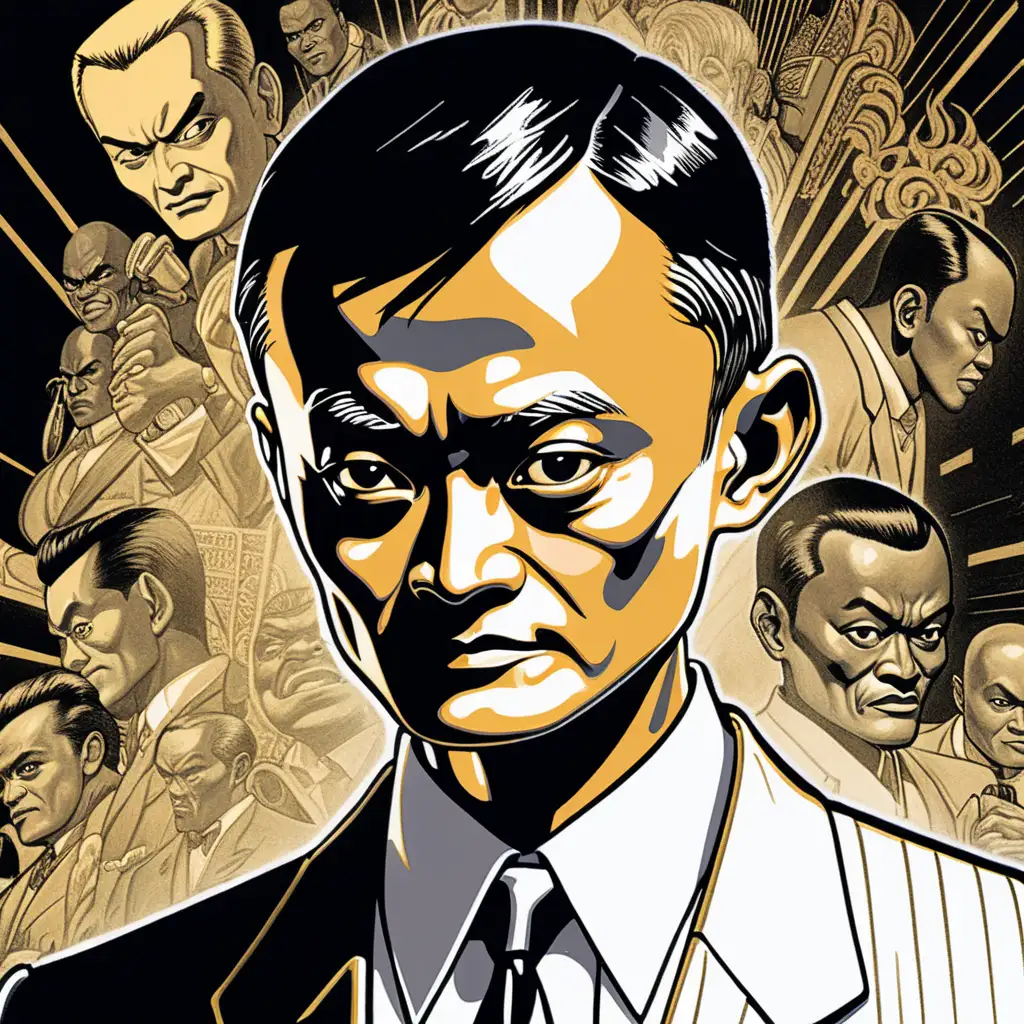 a [Jack Ma], in the style of color noir comic art, close-up intensity, golden age aesthetics