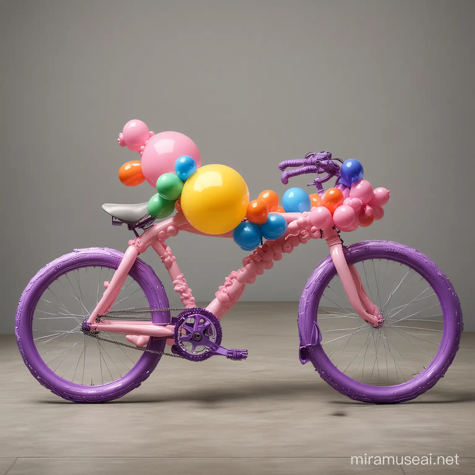 Por favor, crea una imagen de una bicicleta con el estilo artístico de Jeff Koons, inspirándote en su obra "Balloon dogs" hecho de globos moldeables. Utiliza globos moldeables de un solo color, similares a los que se usan para crear formas, no los típicos globos de cumpleaños. Hace la bicicleta de globos moldeables y no pongas globos de adorno.

Imagina que esta bicicleta será presentada en una galería de arte contemporáneo o en un espacio público de gran relevancia. La imagen debe parecer realista y no debe ser evidente que fue generada por una inteligencia artificial. ¡Gracias!