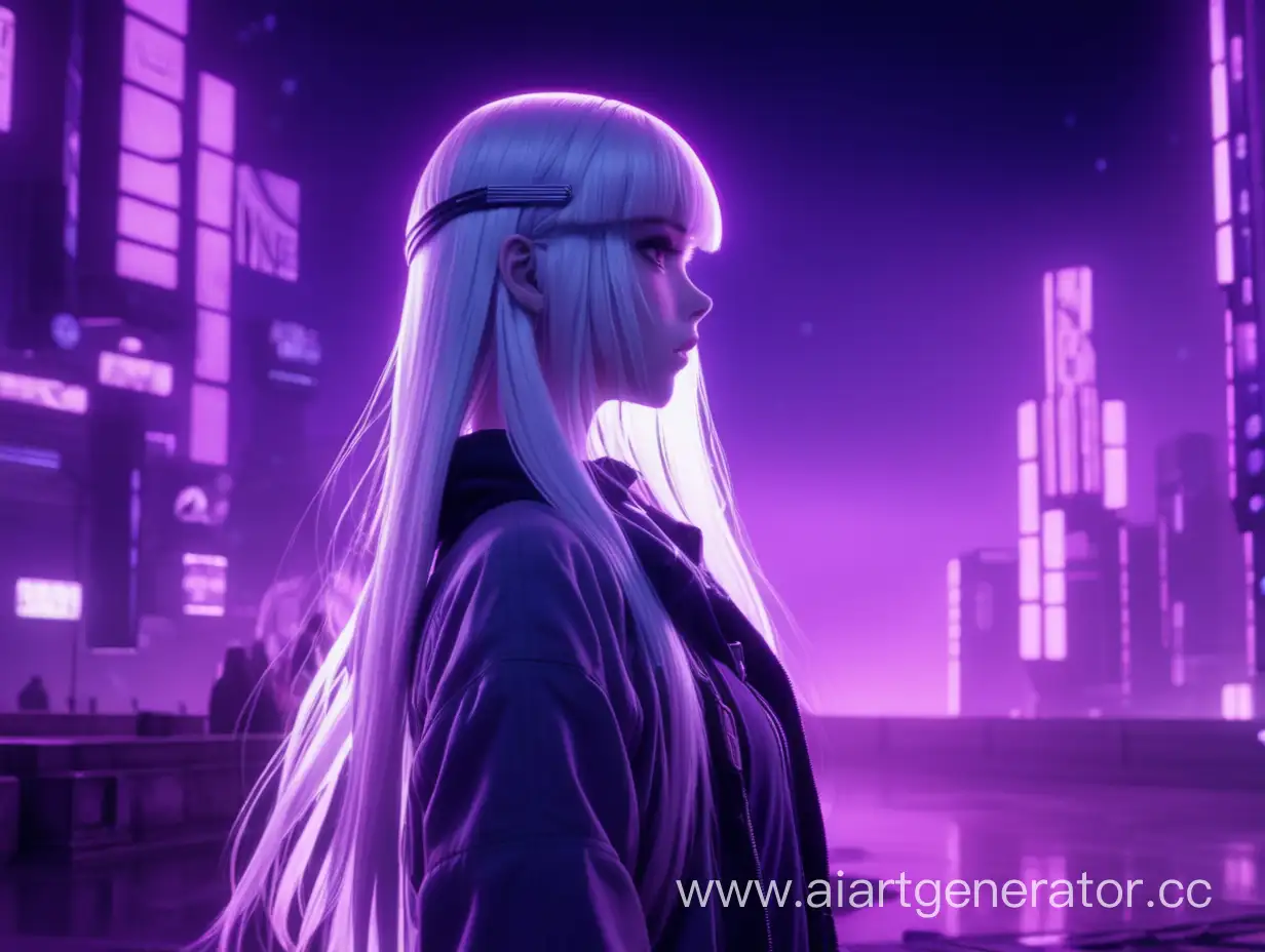 Beautiful anime girl with long white hair; The girl stands and gazes at the purple glow; Parody of a scene from the movie "Blade Runner 2049"