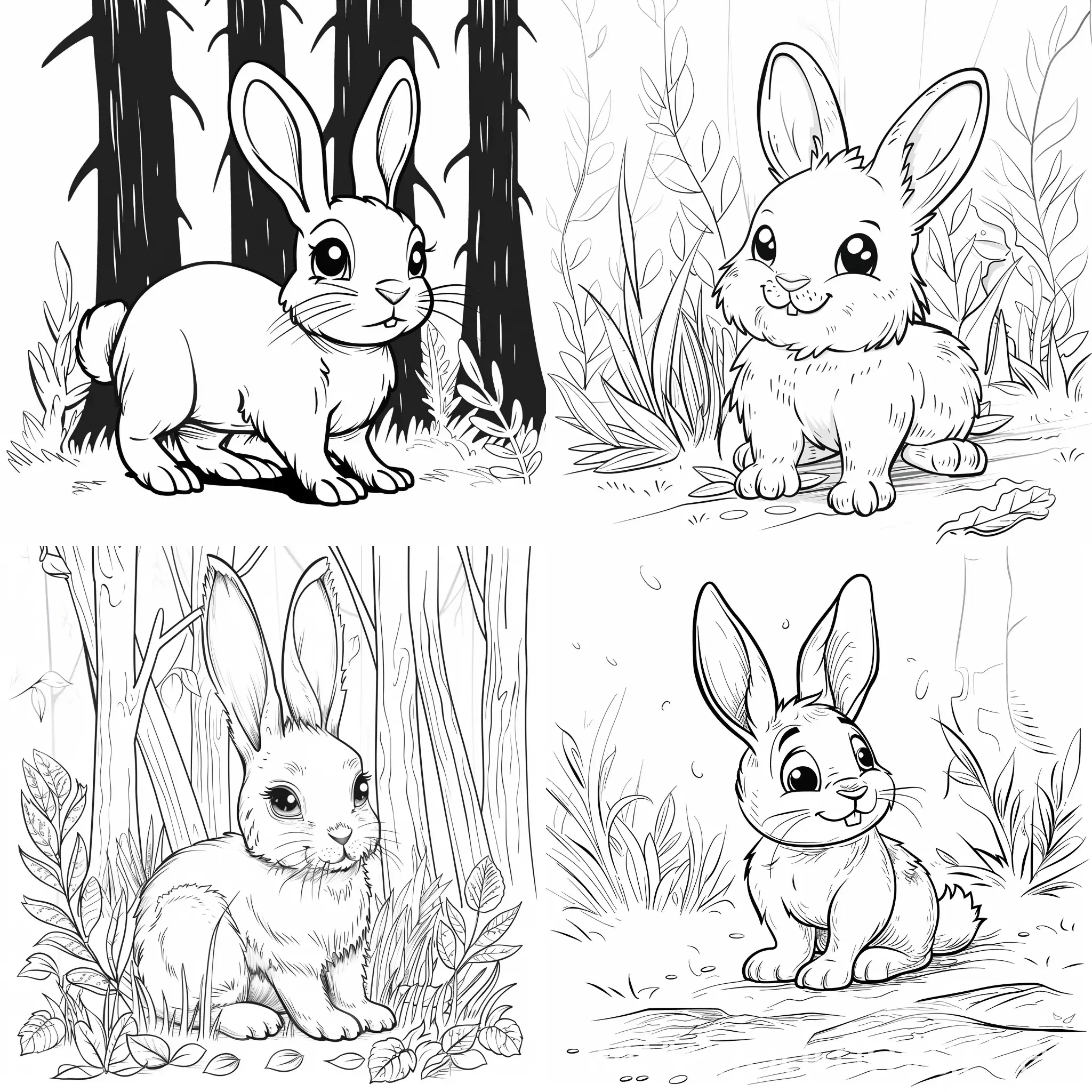 black and white cute rabbit for coloring book, in forest, for kids

