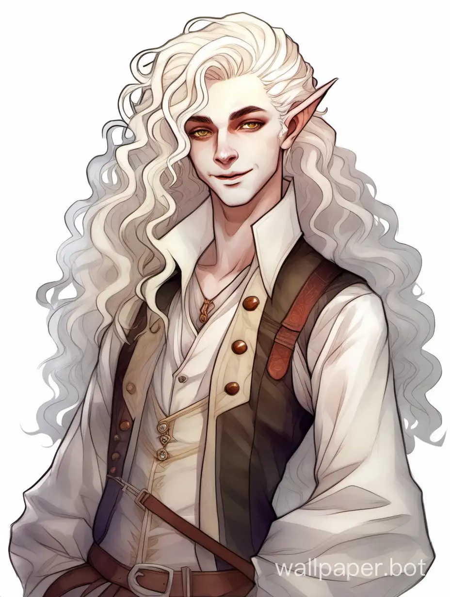 a D&D bard, dnd changeling, a changeling from dungeons and dragons, thin, slender, translucent ((pale white skin)), (wavy curly long white hair), ((glowing white eyes)), androgynous, flamboyant, nonbinary, pale body, lithe, pointed ears, almond shape eyes, charismatic smile, (bard adventurer clothes), renaissance, portrait, humanoid, friendly, pretty, character bust, wearing clothes, entertainer, performer, clean, baggy sleeves, waistcoat, straight slightly hooked nose, digital art, classic, watercolor, proportionate, anatomical, painting, shapeshifter, pretty face, white skin, all white grey