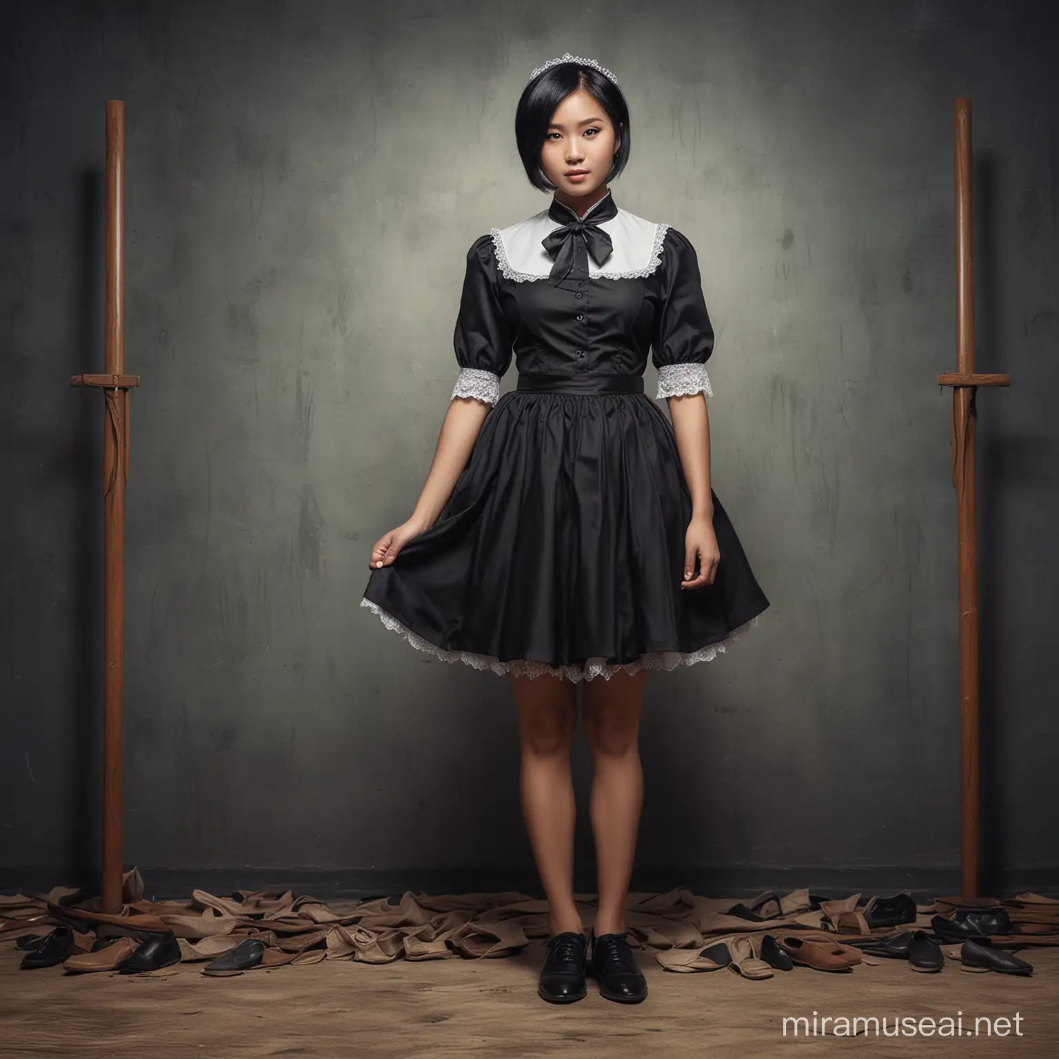 ((highest quality:1.5)) ((Real like photograph:1.3)) Super detailed　super high quality. full-body shoot photography. an Indonesian woman with a round face, short hair, 20 years old, wearing black maid costume and shoes. fantasy background. hyperrealistic photography, RAW, cinematic style, turned to the camera, 