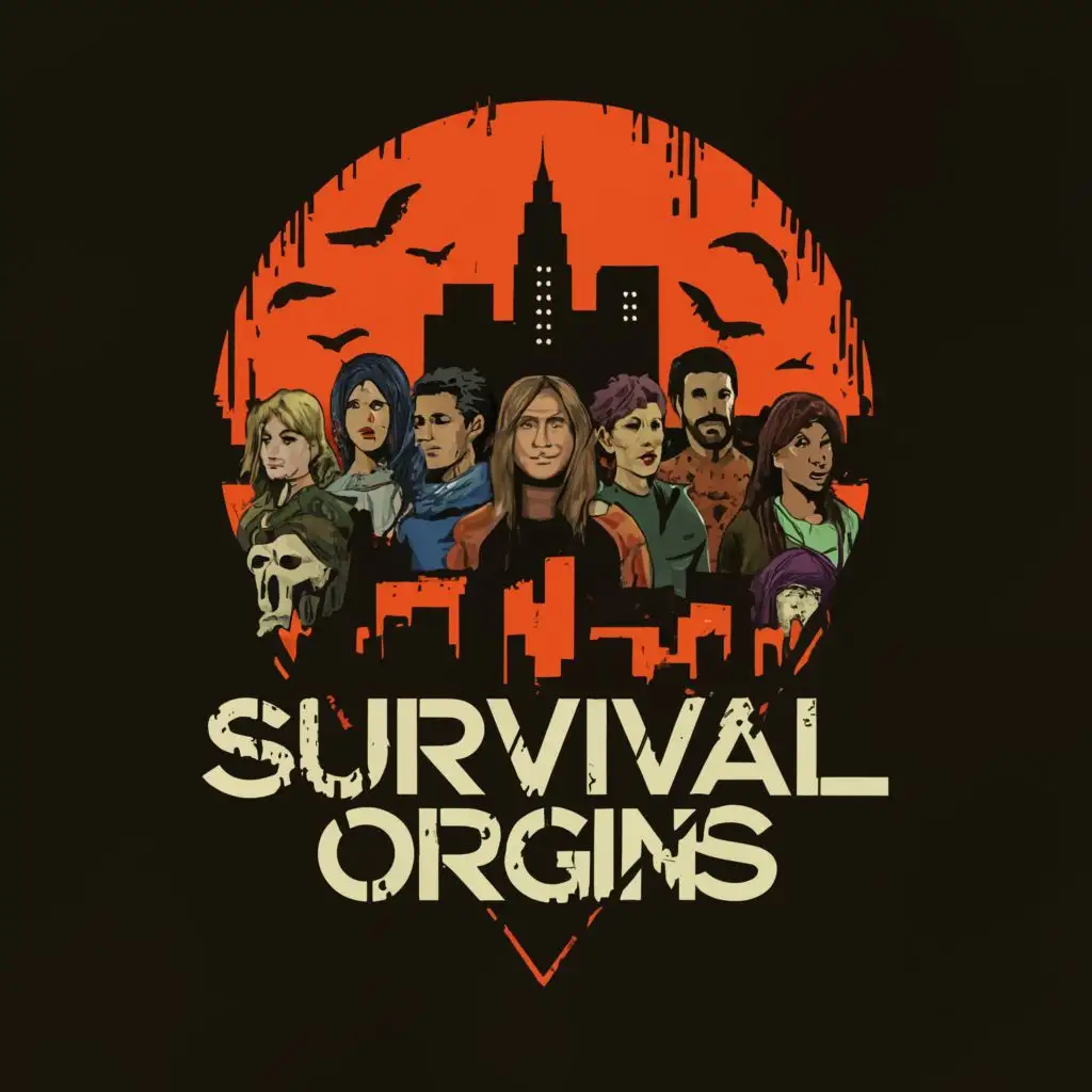 a logo design,with the text "Survival Origins  ", main symbol:zombie ridden city scape with 8 different silhouettes of different peoples heads for,Moderate,clear background