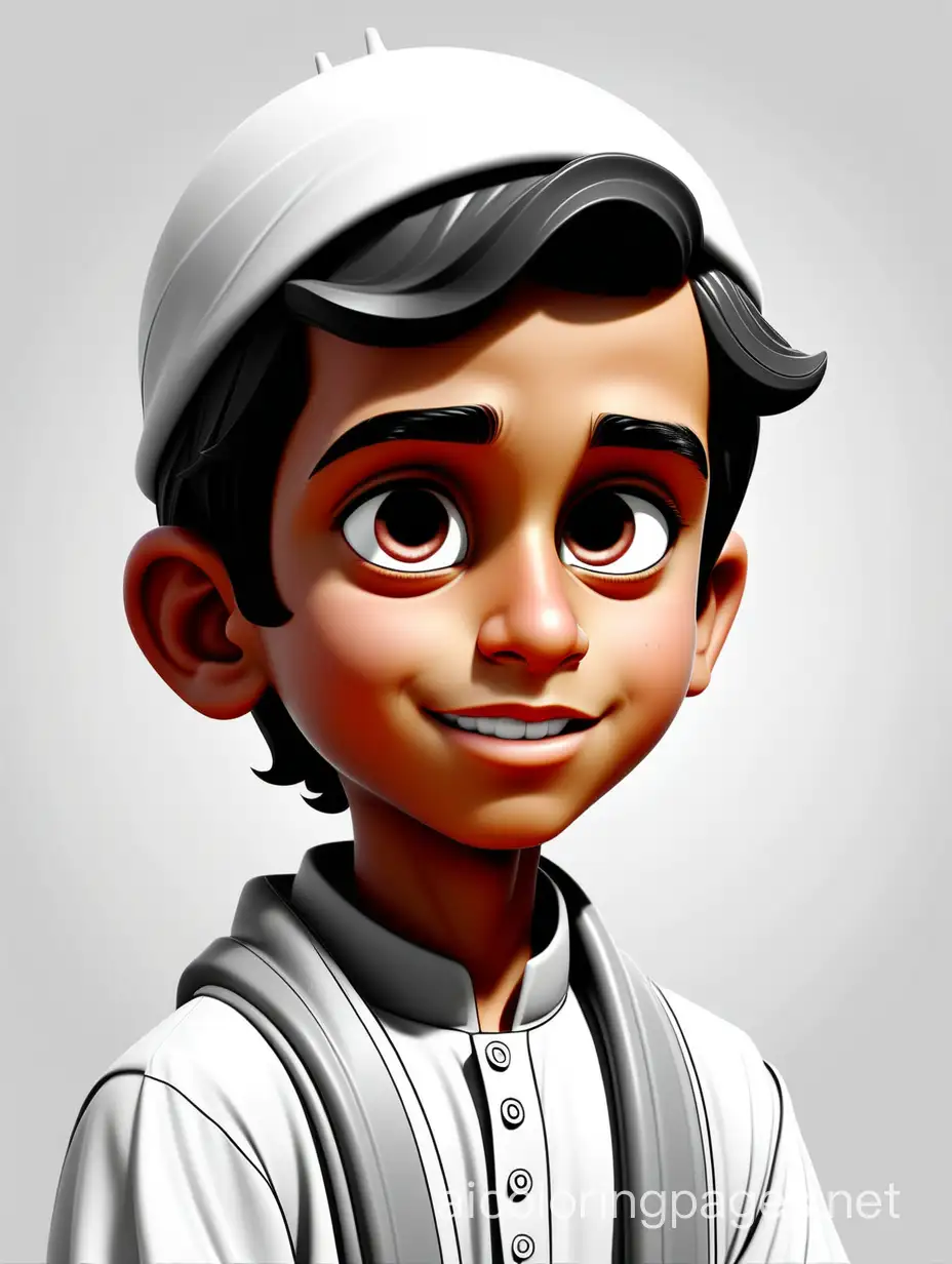 (A young Muslim boy, with a beautiful face, beautiful black hair, in Ramadan), Coloring Page, black and white, line art, white background, Simplicity, Ample White Space. The background of the coloring page is plain white to make it easy for young children to color within the lines. The outlines of all the subjects are easy to distinguish, making it simple for kids to color without too much difficulty, Coloring Page, black and white, line art, white background, Simplicity, Ample White Space. The background of the coloring page is plain white to make it easy for young children to color within the lines. The outlines of all the subjects are easy to distinguish, making it simple for kids to color without too much difficulty