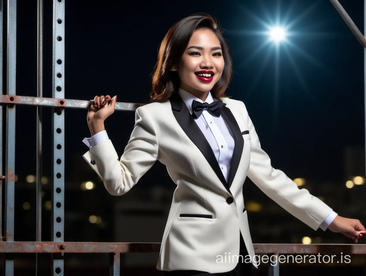 A stunning and cute and sophisticated and confident malaysian woman with shoulder length hair and  lipstick wearing an ivory tuxedo with a white shirt with cufflinks and a (black bow tie).  She is standing on a scaffold facing forward, smiling and laughing.  Her shirt cuffs are showing.  The cuffs have cufflinks.  It is night.