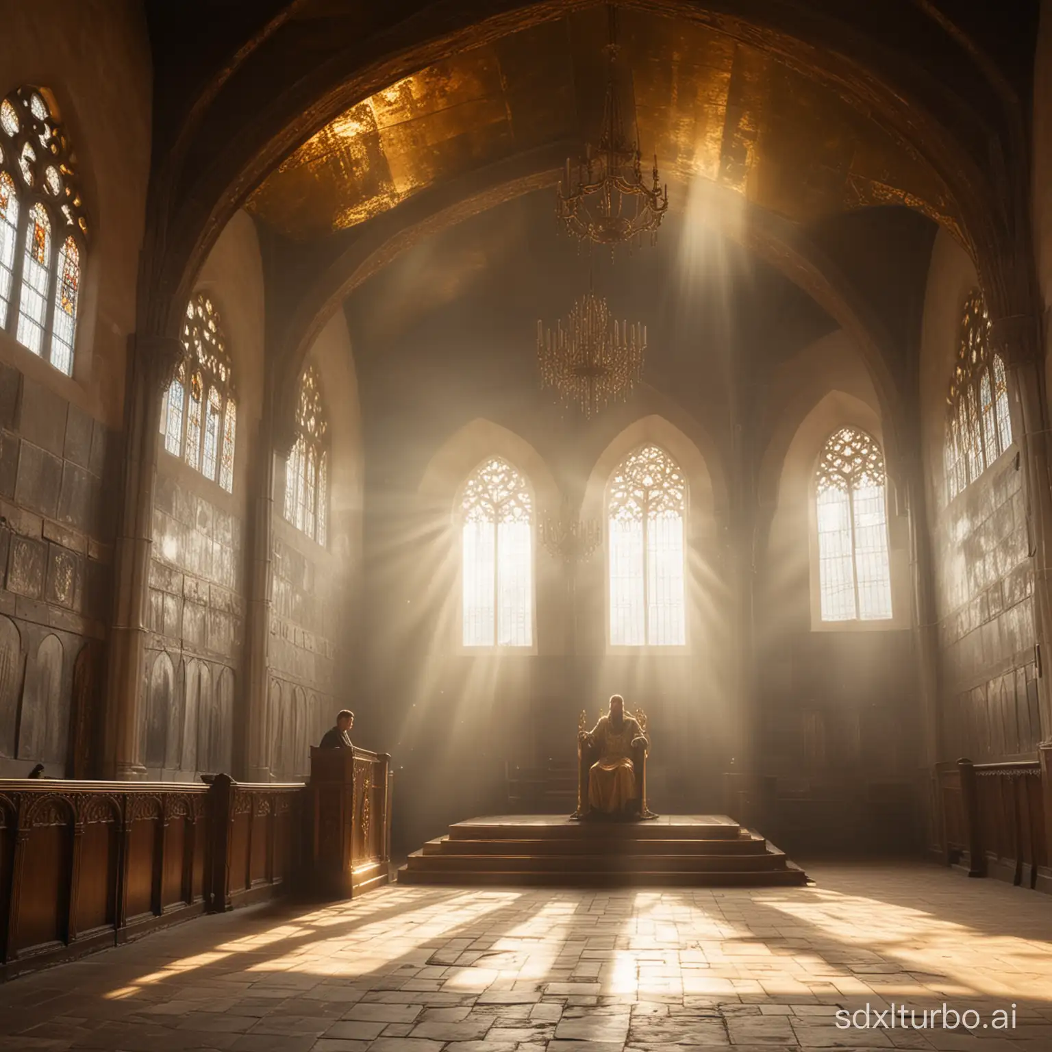 Просторный церковный зал, на высокой платформе находится трон из золота, на нем восседает мужчина, его лицо скрыто лучами солнца, которое пробивается через окно за кадром, средневековый стиль