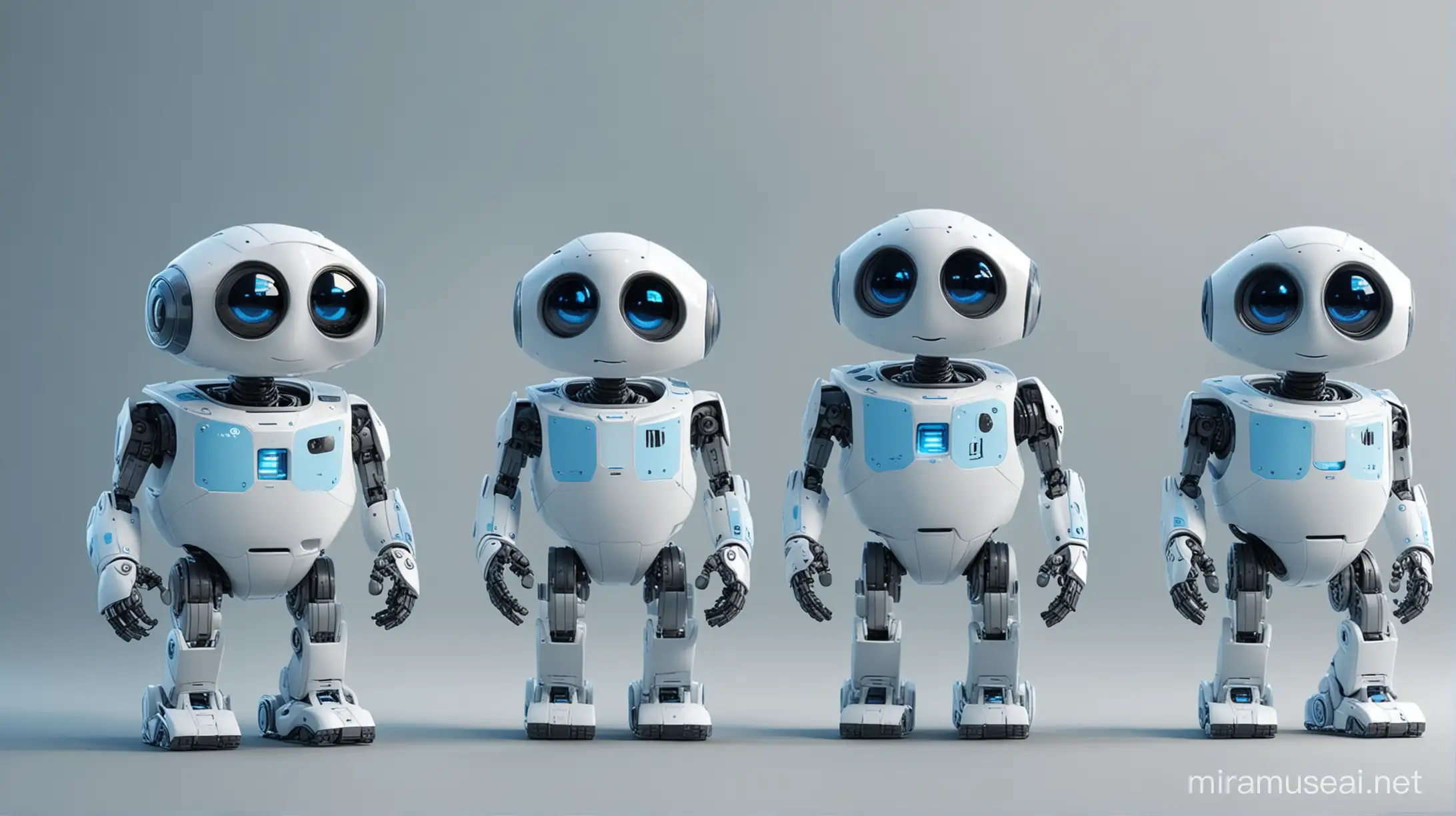 3d realistic group of Digital mascots similar like Eva robot in Wall-e movie. use accent sky blue tone for highlights. group of robots with different postures and emotions standing in a row