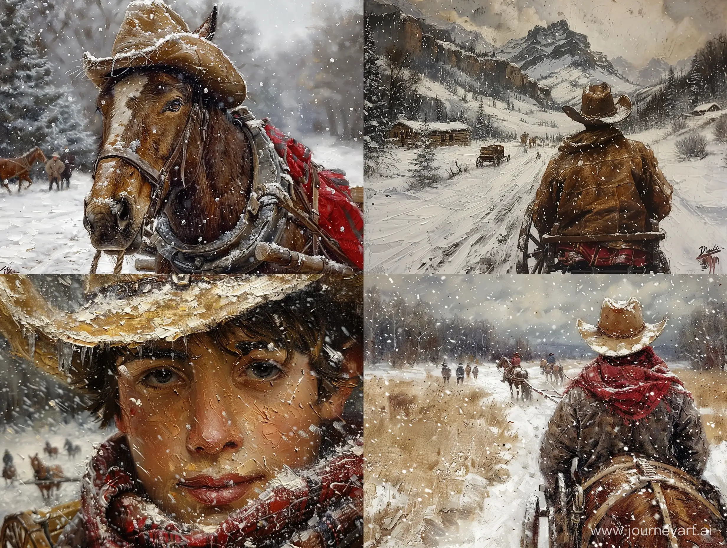  realistic painting close up cow boy on wagon landscape snow in western countries people horse  focushighly detailed --style raw --stylize 750  --v 6