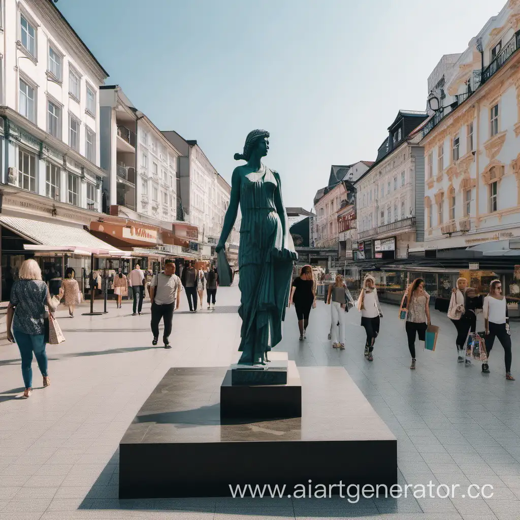 a city with a statue and shopping area
