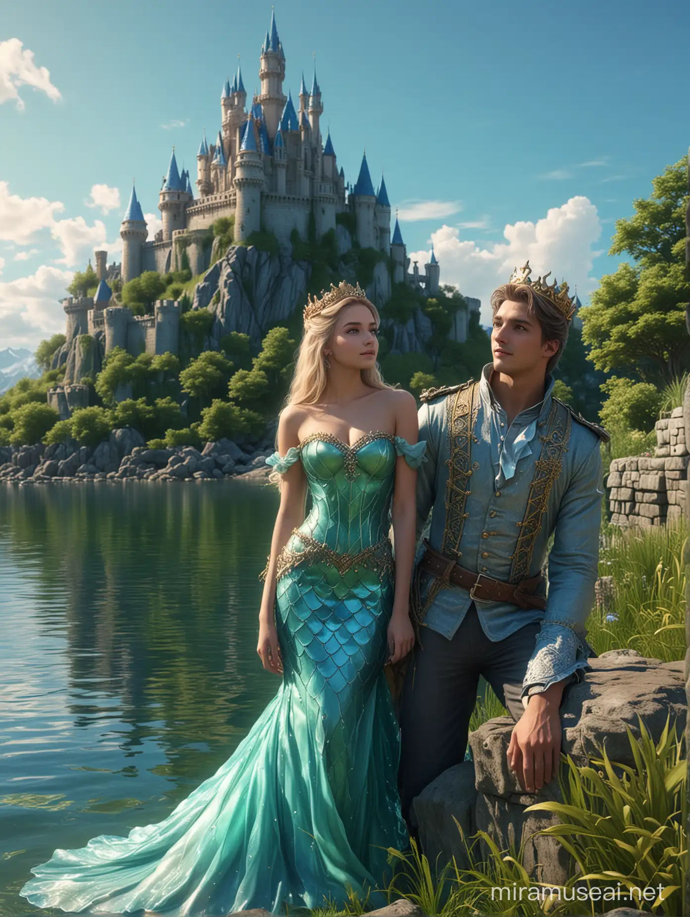 seorang pria sangat tampan berusia 20 tahun, sedang bersandar di sebelah putri duyung cantik bermahkota, terlihat castile dan menara, latar belakang rumput hijau, danau biru, langit biru dan castile. Ultra realistik, 64k
