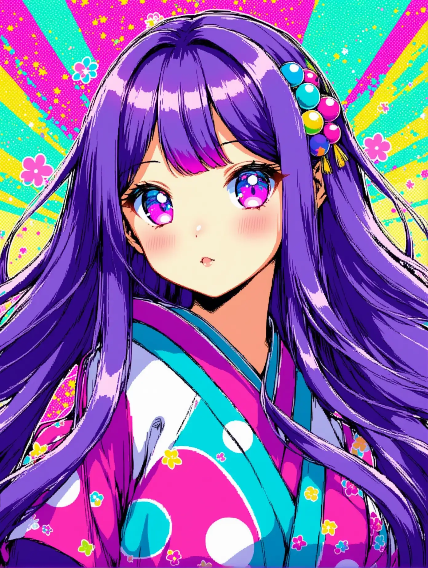 a colorful anime girl with lots of purple and blue colors adorned with long hair in japanese pop art kawaii