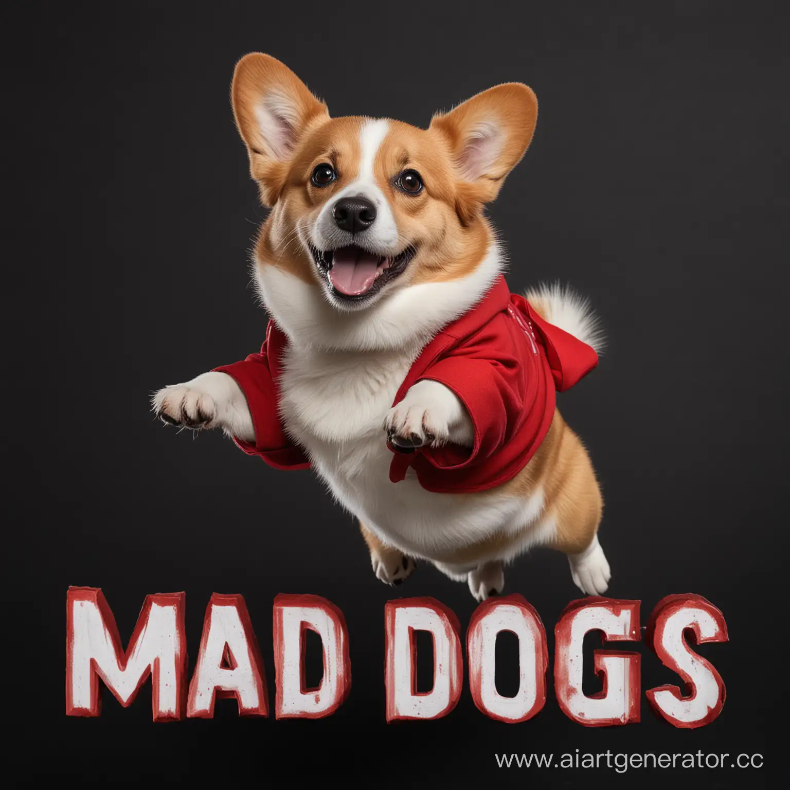 Черный фон на котором прыгающий корги рыжего окраса а на нём красная надпись "Mad Dogs"