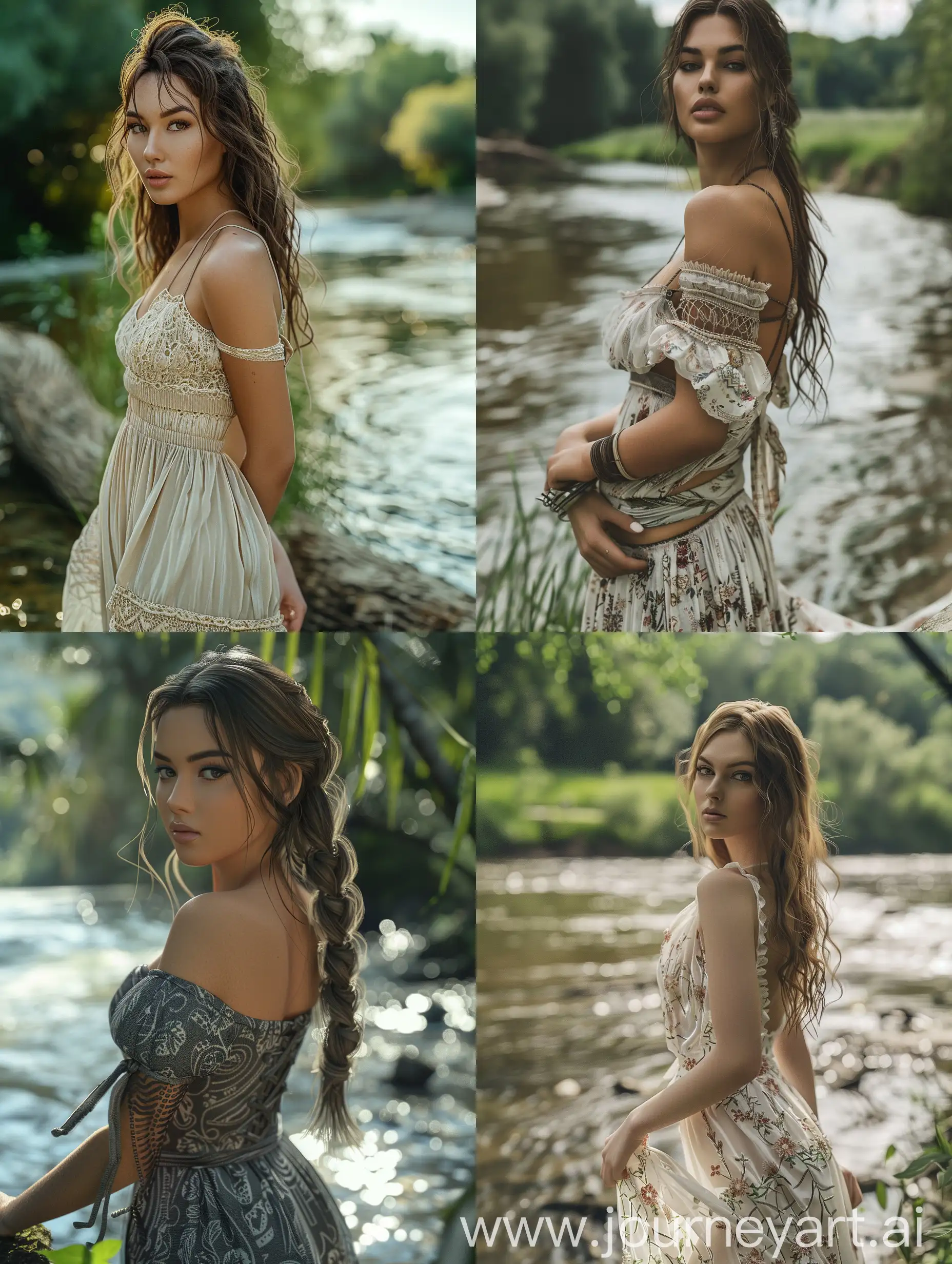 A beautiful woman, full body, standing by a river, photorealistic, ultra realistic, 8k, uhd