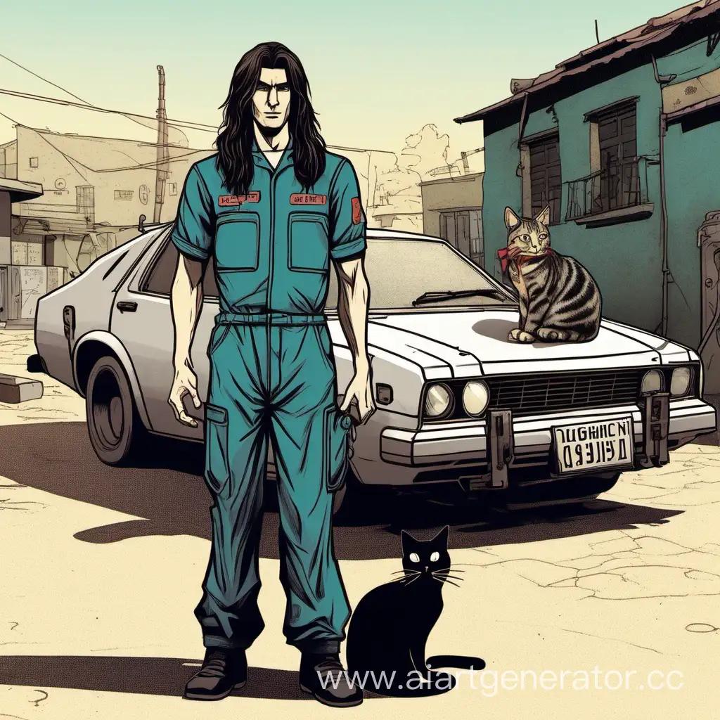 Парень с длинными волосами и в рабочей форме слесаря стоит возле машины "жигули", а в его руках кошка. Изображение в стиле "memphis cult" 