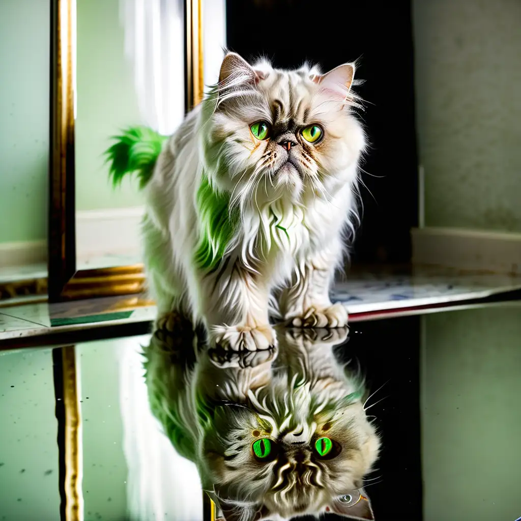 a Persian cat with bright green eyes standing up on a mirror top, reflection from below, looking toward viewer