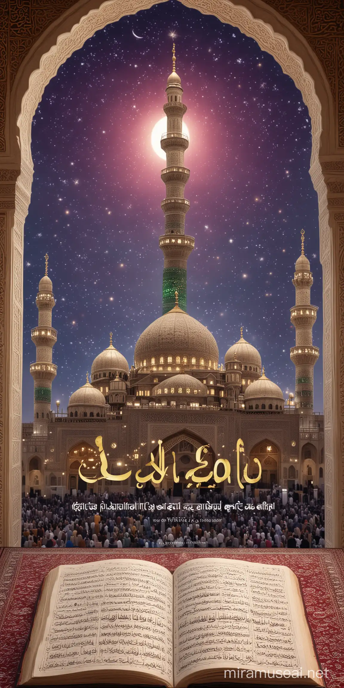 Eid Mubarak wishes with quotes from quran, background feature with Muslim holy things and places, write wishes by SUNIL in the form of a mosque 