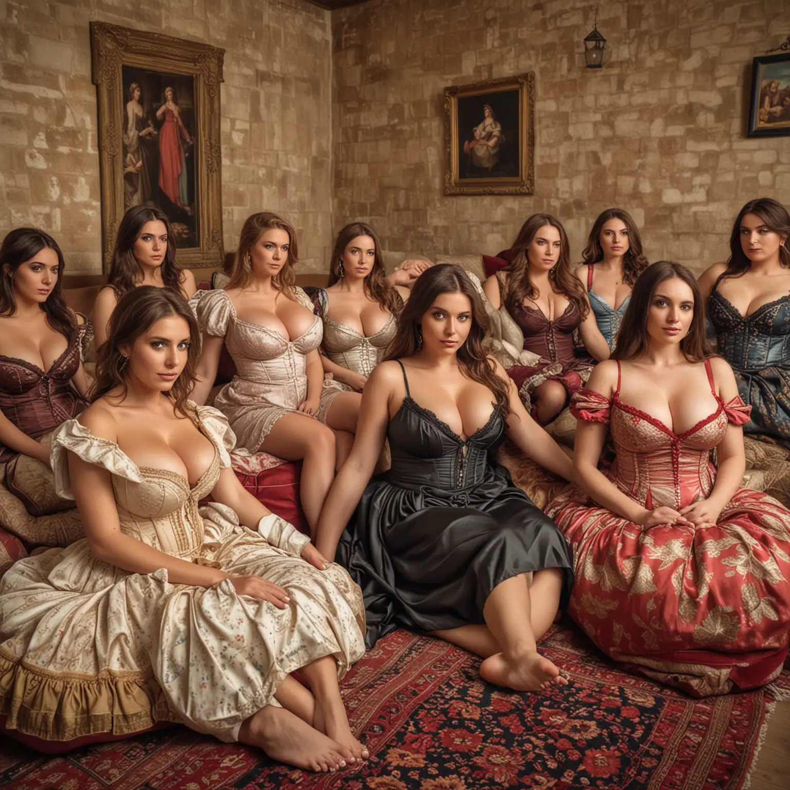 A room full of beautiful women wearing revealing dresses, big breasts, they are sitting on cushions, saracens style.